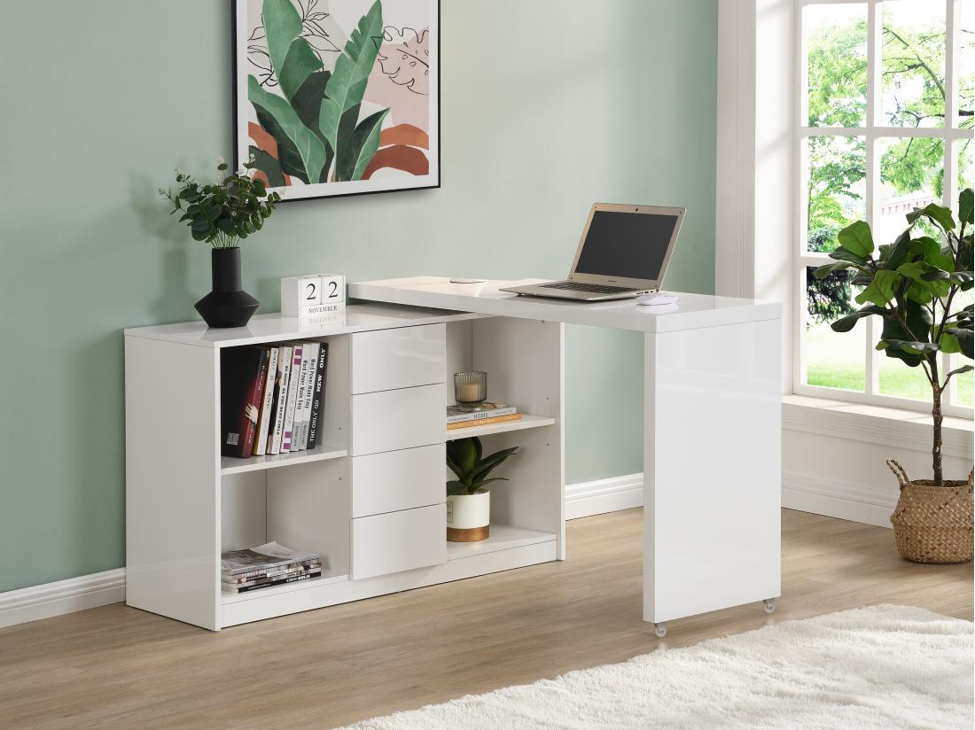 vente unique Bureau extensible avec plateau pivotant 360° - MDF - Blanc laqué - PAVELO