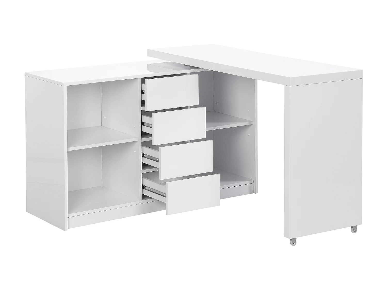 Utdragbart skrivbord i vitlackerad MDF med 360° svängbar skiva PAVELO