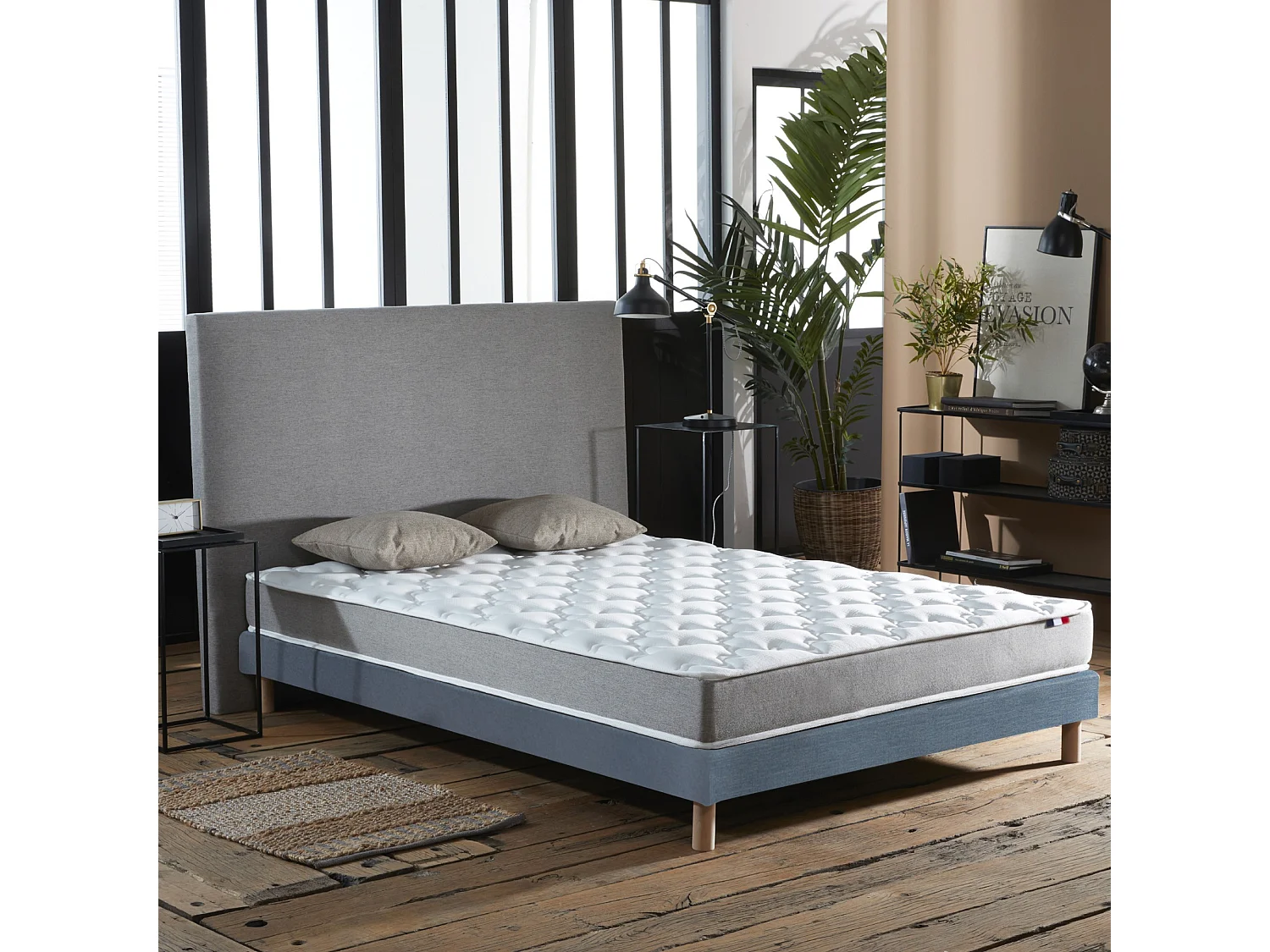 Ensemble matelas mousse ferme réversible ALTO et sommier - confort français Dimensions - 140 x 190 cm, Sommier - Bleu denim
