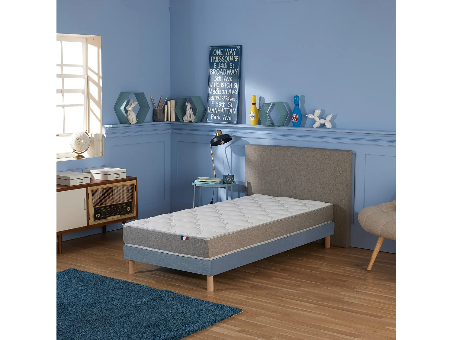 Ensemble matelas mousse ferme réversible ALTO et sommier - confort français Dimensions - 90 x 190 cm, Sommier - Bleu denim
