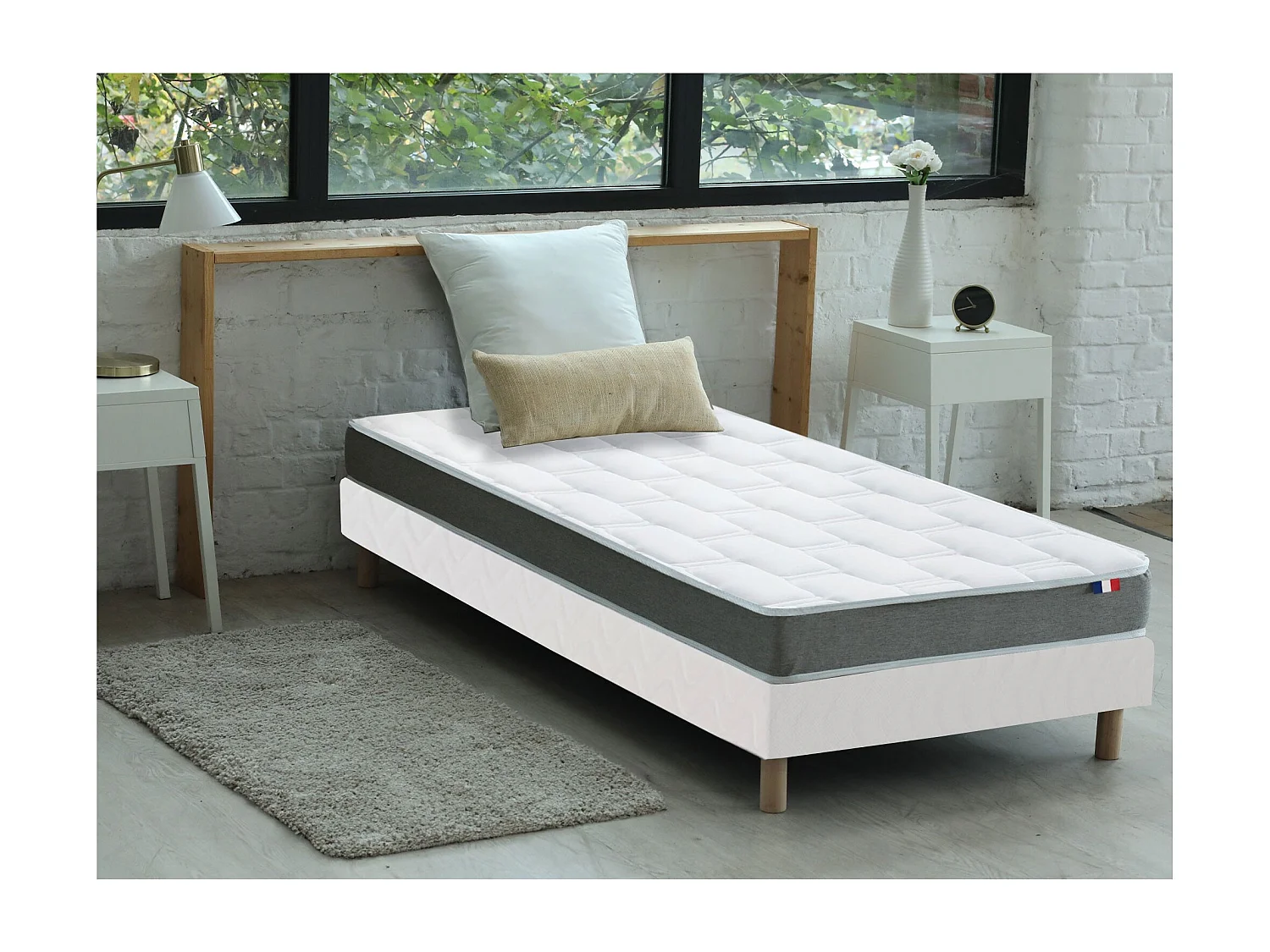 Ensemble matelas mémoire de forme + sommier + oreiller + couette - fabrication 100% française - matelas bi-confort Dimensions - 90 x 190 cm