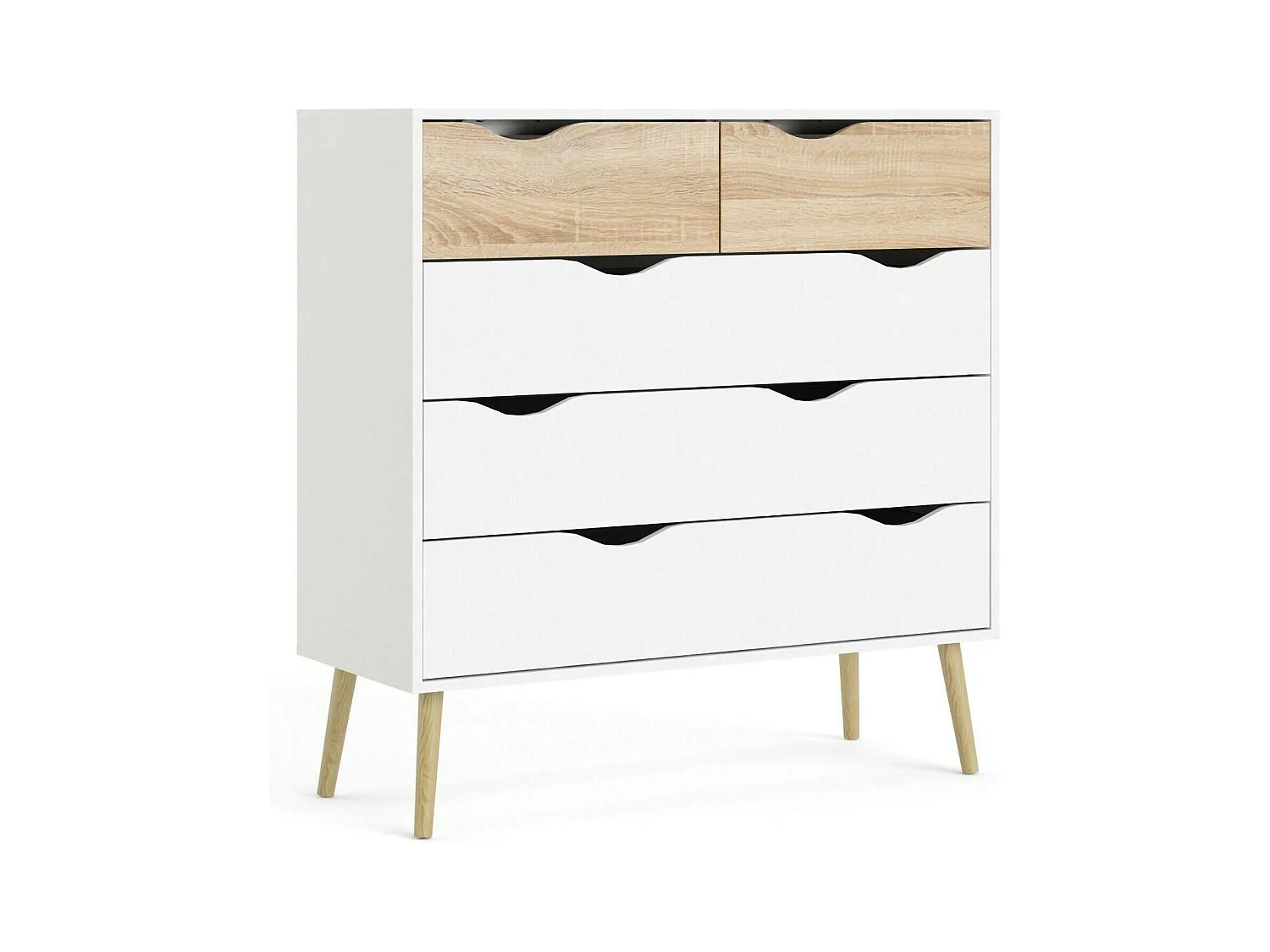 Commode à cinq tiroirs, blanc et chêne, Mesures 98 x 100 x 39 cm