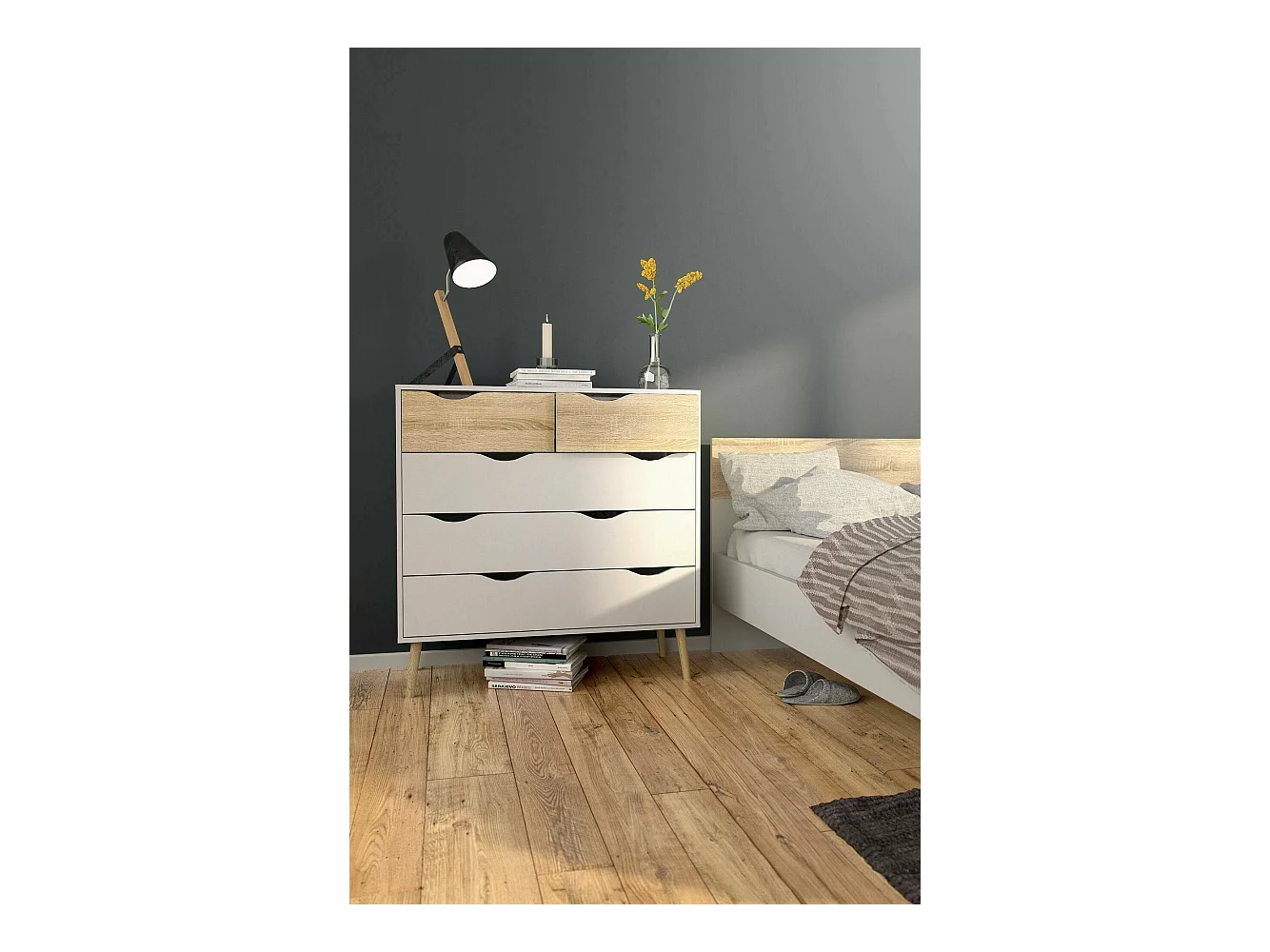 Commode à cinq tiroirs, blanc et chêne, Mesures 98 x 100 x 39 cm