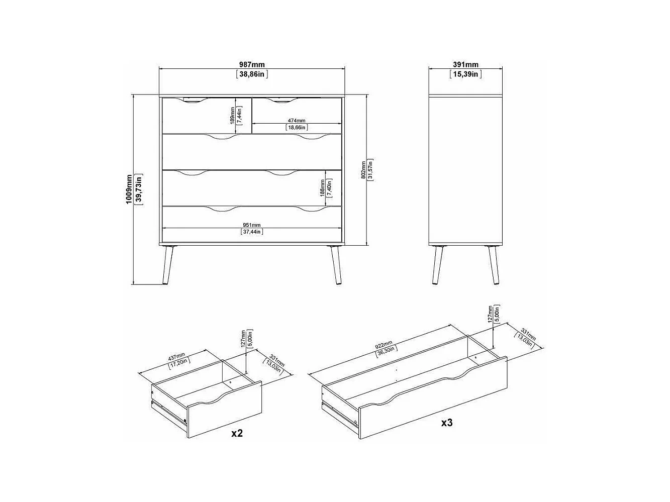 Commode à cinq tiroirs, blanc et chêne, Mesures 98 x 100 x 39 cm
