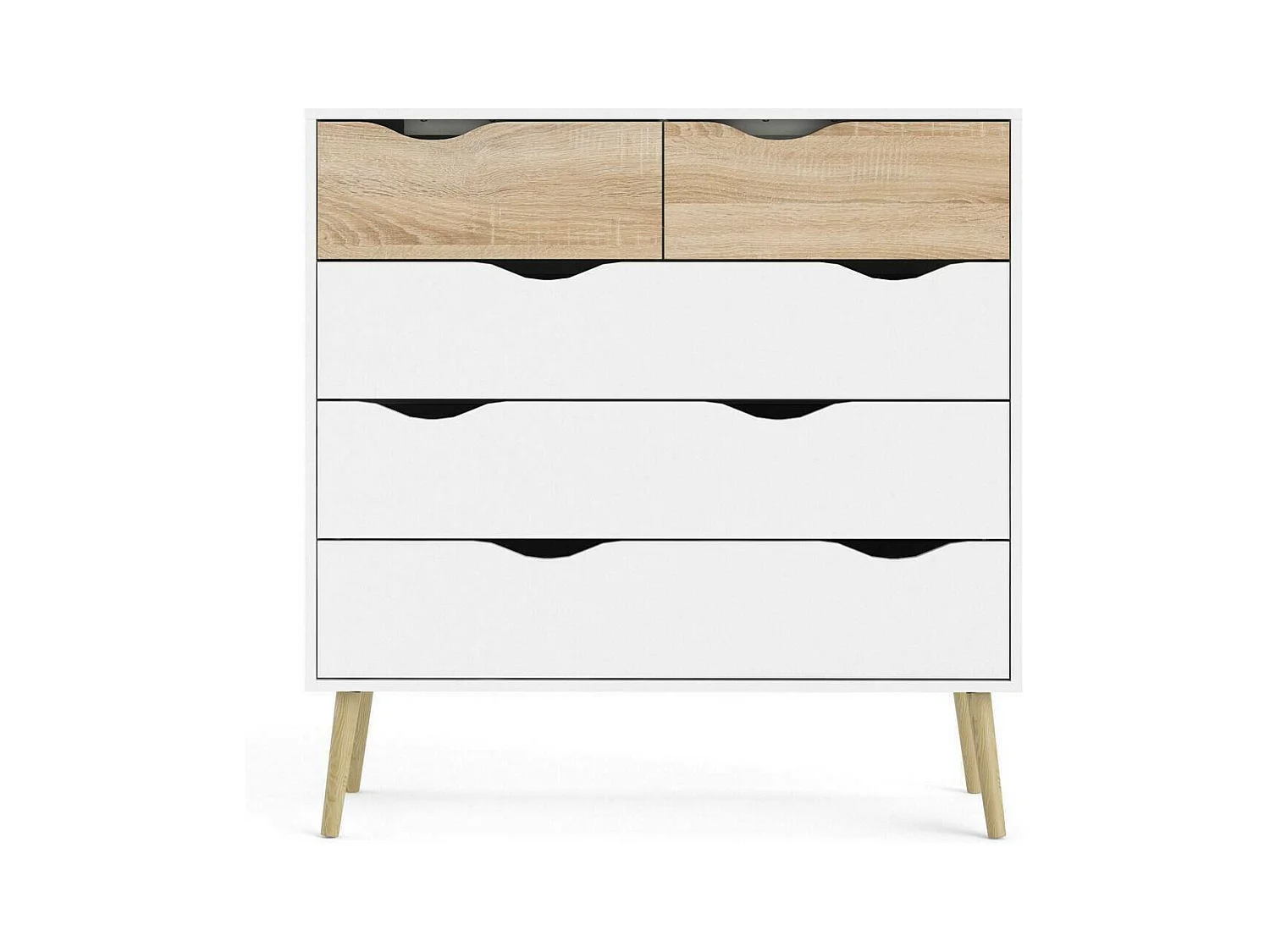 Commode à cinq tiroirs, blanc et chêne, Mesures 98 x 100 x 39 cm