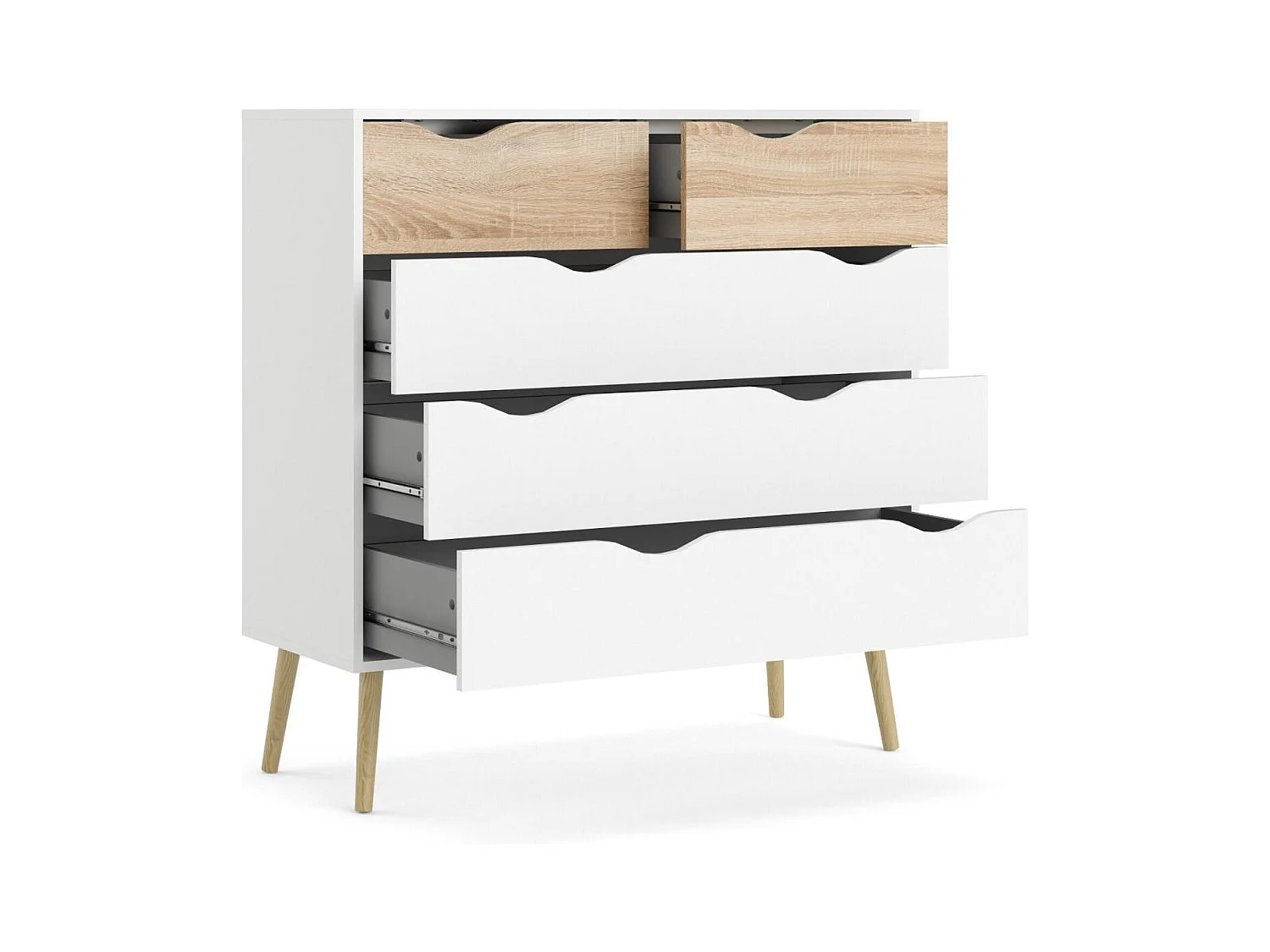 Commode à cinq tiroirs, blanc et chêne, Mesures 98 x 100 x 39 cm