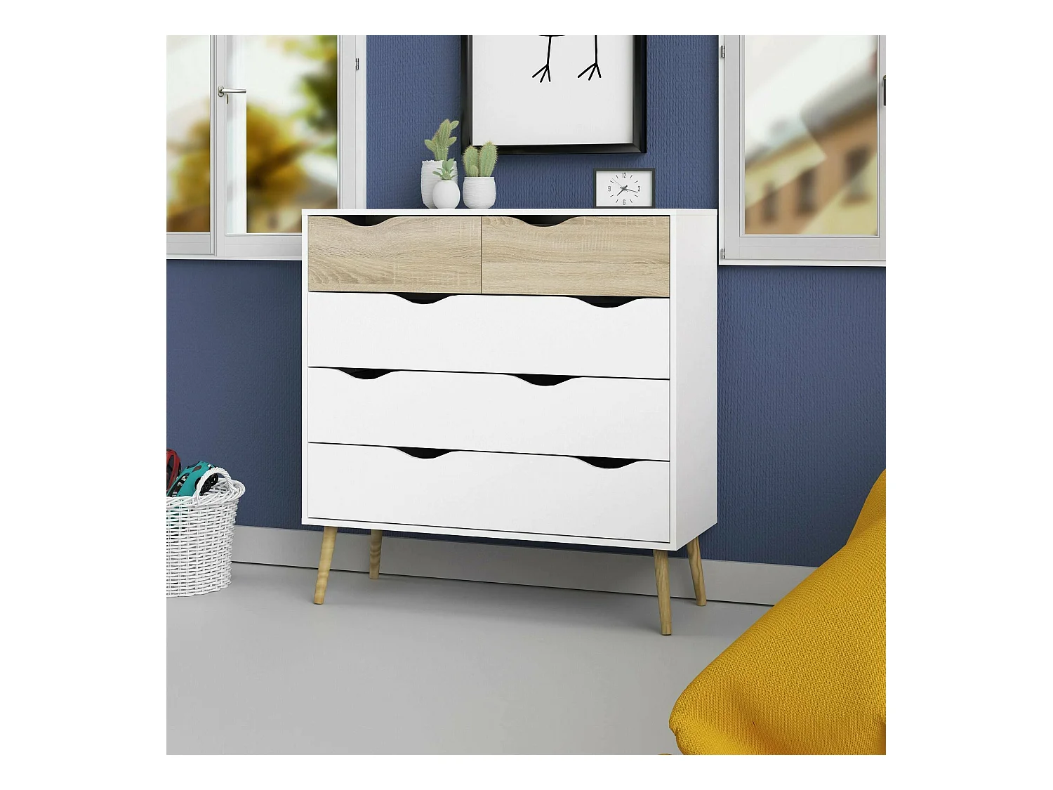 Commode à cinq tiroirs, blanc et chêne, Mesures 98 x 100 x 39 cm