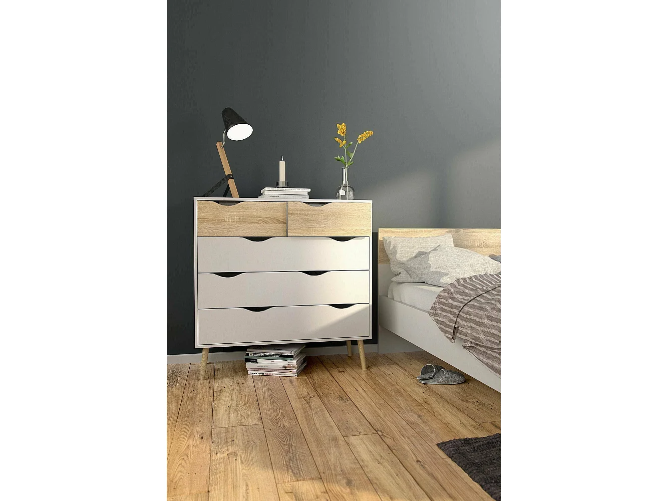 Ladekast met vijf laden, wit en eikenkleur, afmetingen 98 x 100 x 39 cm