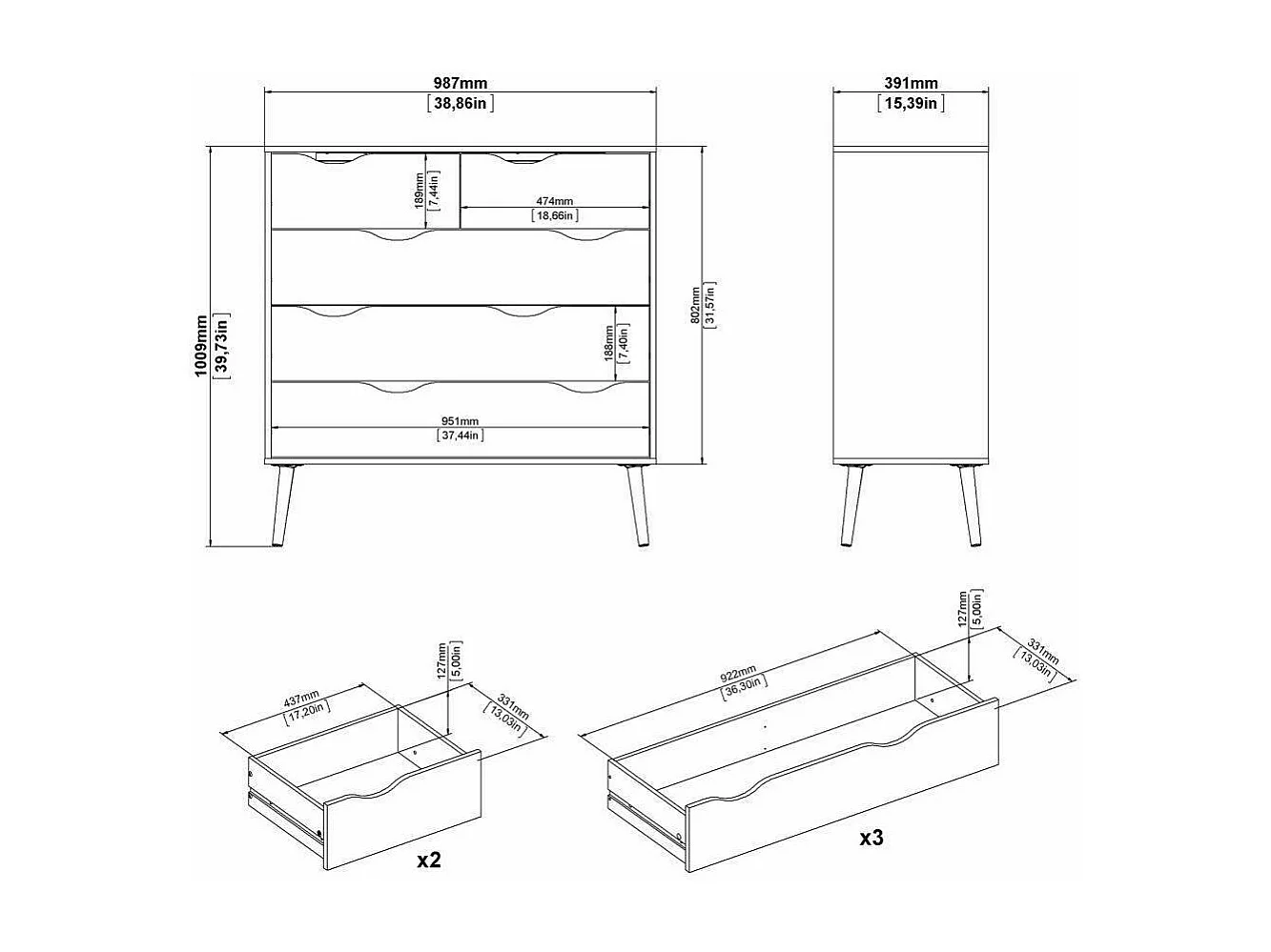 Commode à cinq tiroirs, blanc et chêne, Mesures 98 x 100 x 39 cm