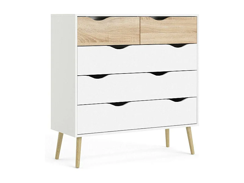 Commode à cinq tiroirs, blanc et chêne, Mesures 98 x 100 x 39 cm