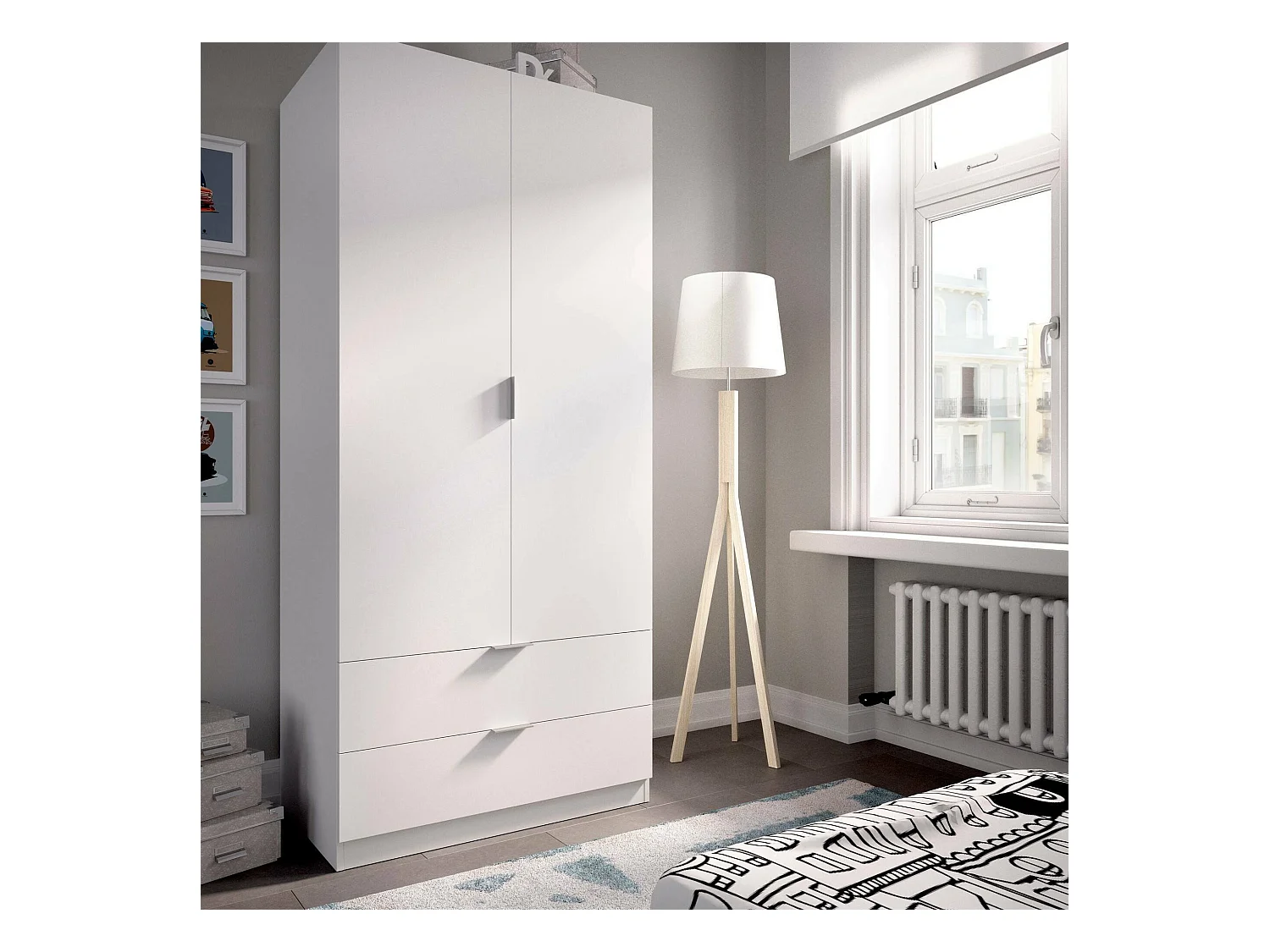 Dlunin Armoire, Cintre pour chambre à coucher, Armoire avec 2 portes battantes et 2 tiroirs, 81x52h184 cm, Blanc