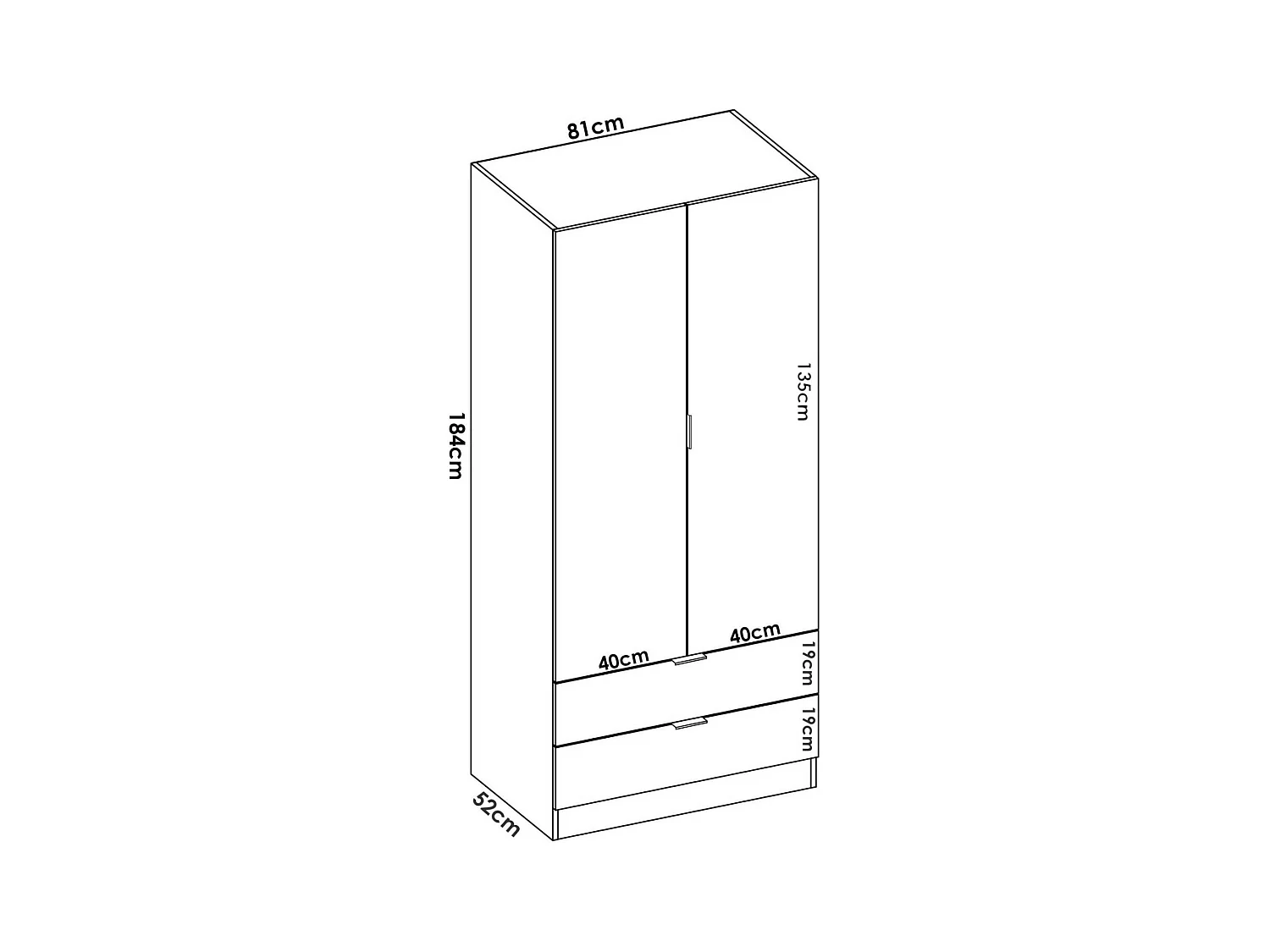 Dlunin Armoire, Cintre pour chambre à coucher, Armoire avec 2 portes battantes et 2 tiroirs, 81x52h184 cm, Blanc