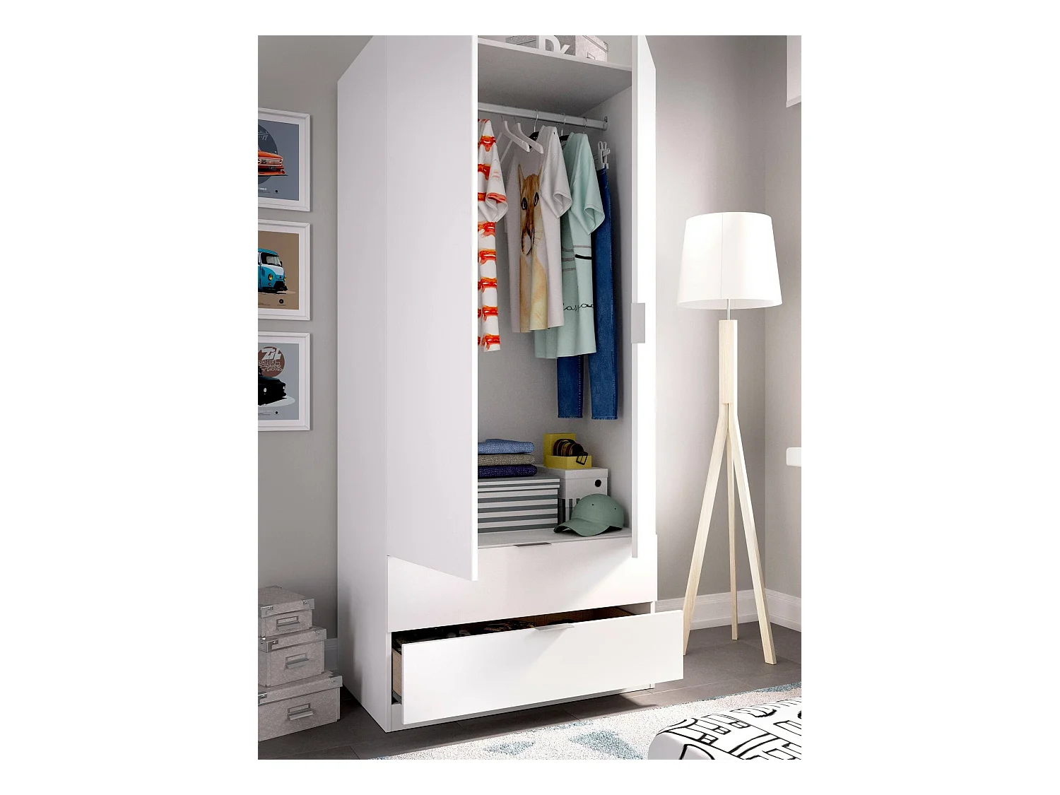 Dlunin Armoire, Cintre pour chambre à coucher, Armoire avec 2 portes battantes et 2 tiroirs, 81x52h184 cm, Blanc