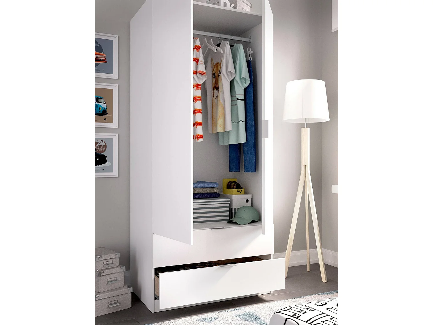 Guardarropa Darest, Armario dormitorio con 2 puertas y 2 cajones, Muebles de dormitorio con perchero, 81x52h180 cm, Blanco
