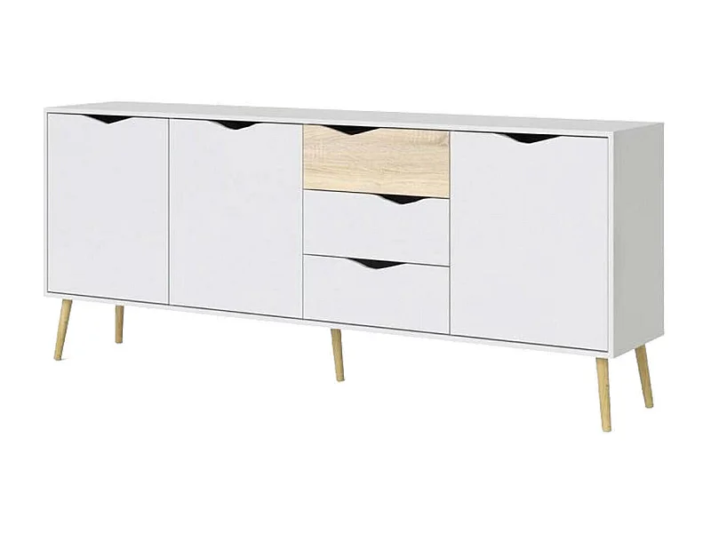 Dressoir met drie deuren en drie laden, wit en eikenkleur, afmetingen 195 x 81 x 39 cm
