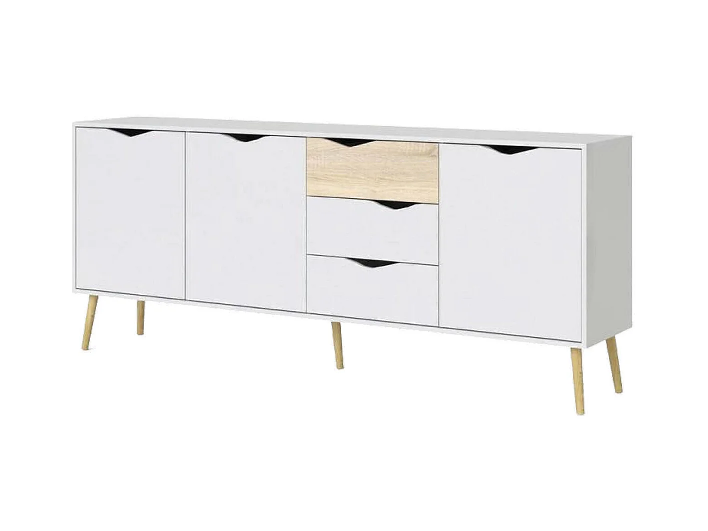 Dressoir met drie deuren en drie laden, wit en eikenkleur, afmetingen 195 x 81 x 39 cm