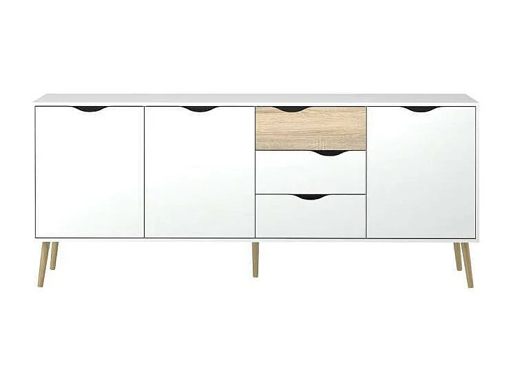 Buffet avec trois portes et trois tiroirs, blanc et chêne, Dimensions 195 x 81 x 39 cm