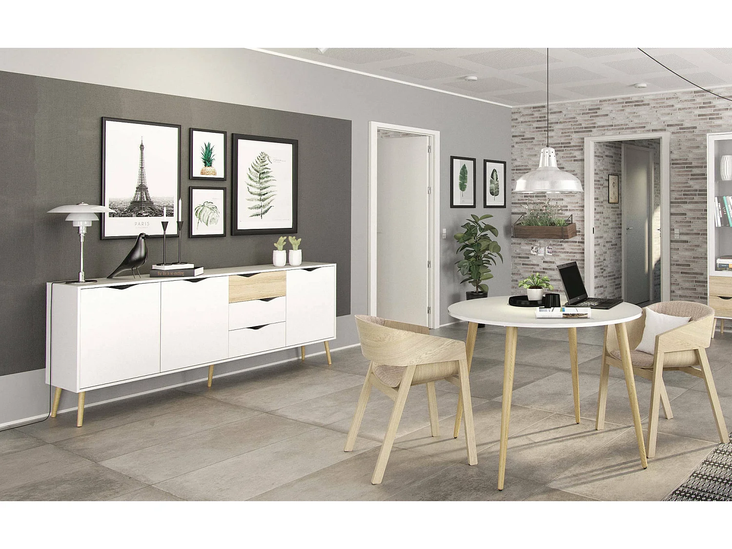 Dressoir met drie deuren en drie laden, wit en eikenkleur, afmetingen 195 x 81 x 39 cm