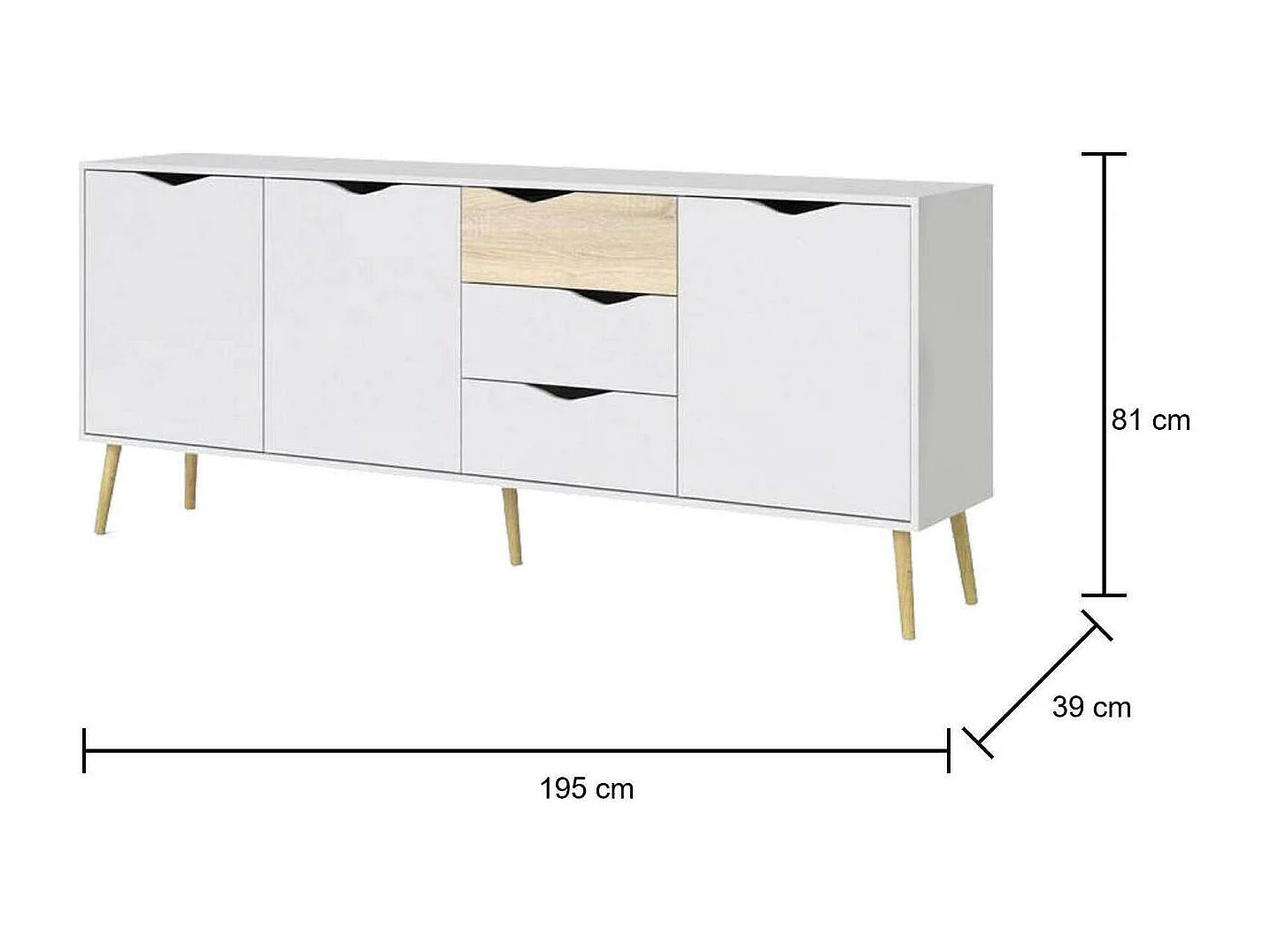 Dressoir met drie deuren en drie laden, wit en eikenkleur, afmetingen 195 x 81 x 39 cm