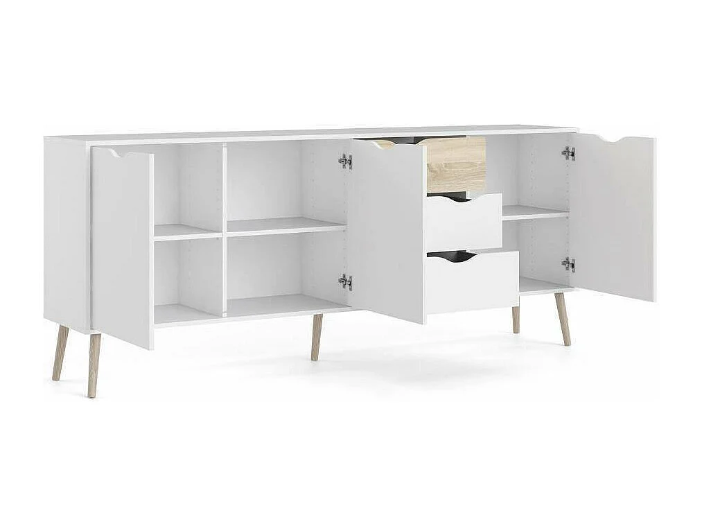 Dressoir met drie deuren en drie laden, wit en eikenkleur, afmetingen 195 x 81 x 39 cm