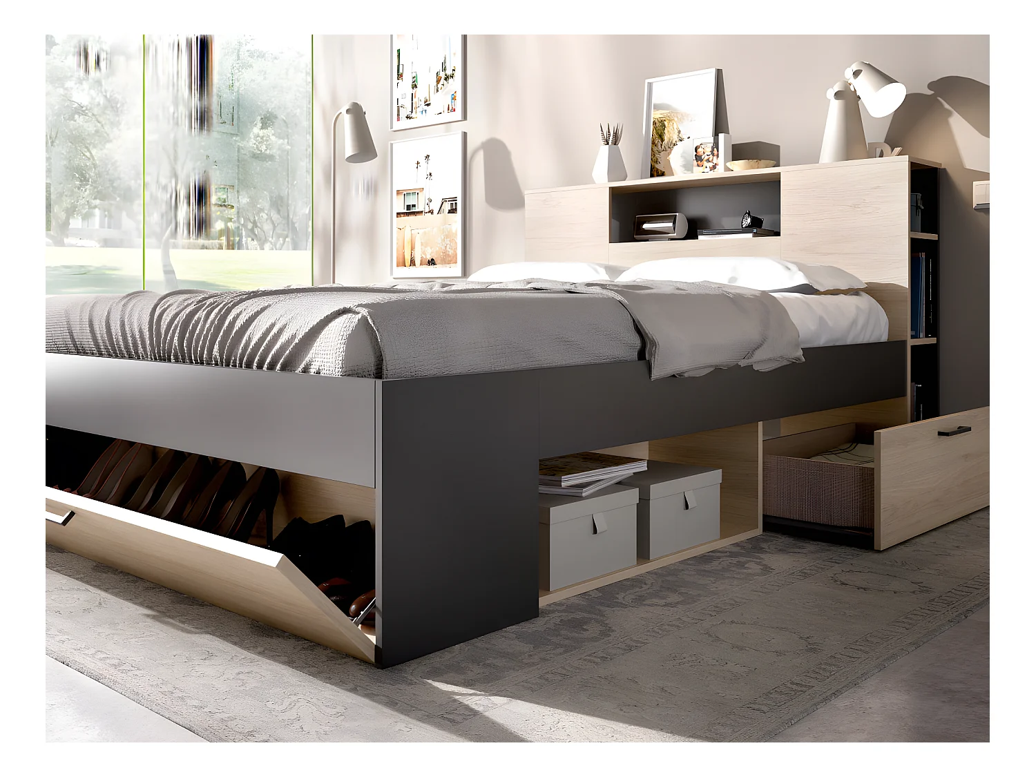 Bed met hoofdeinde met opbergruimte en lades - 140 x 190 cm - Kleur: naturel en antraciet + Bedbodem - LEANDRE