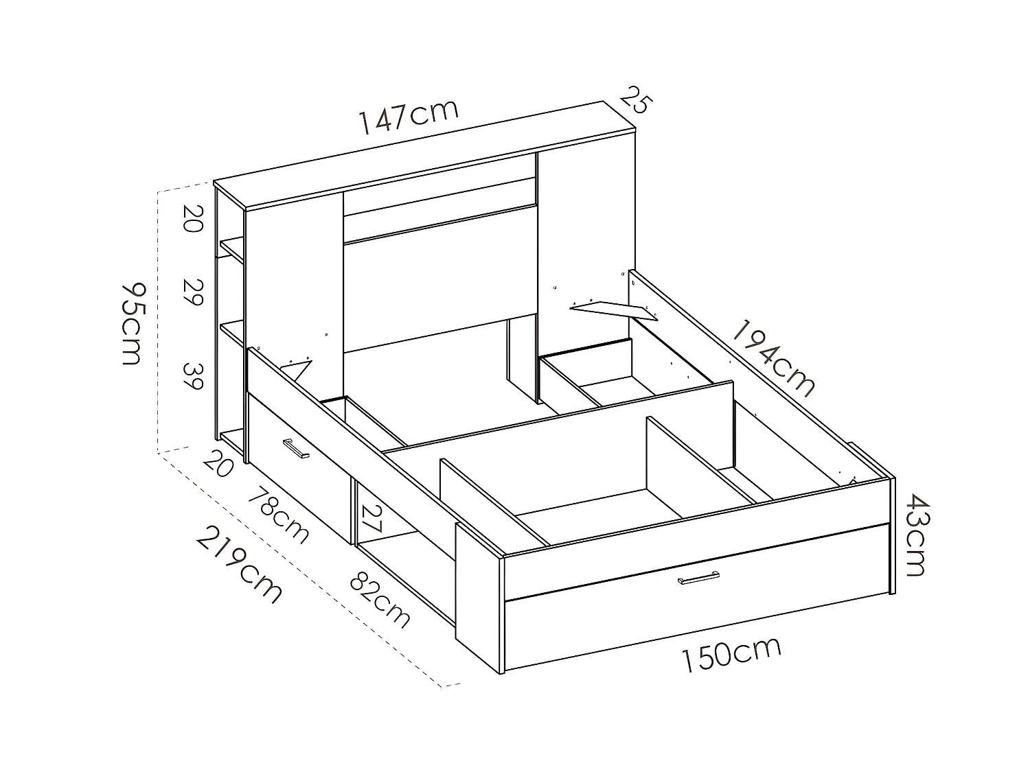 Bed met hoofdeinde met opbergruimte en lades - 140 x 190 cm - Kleur: naturel en antraciet + Bedbodem - LEANDRE