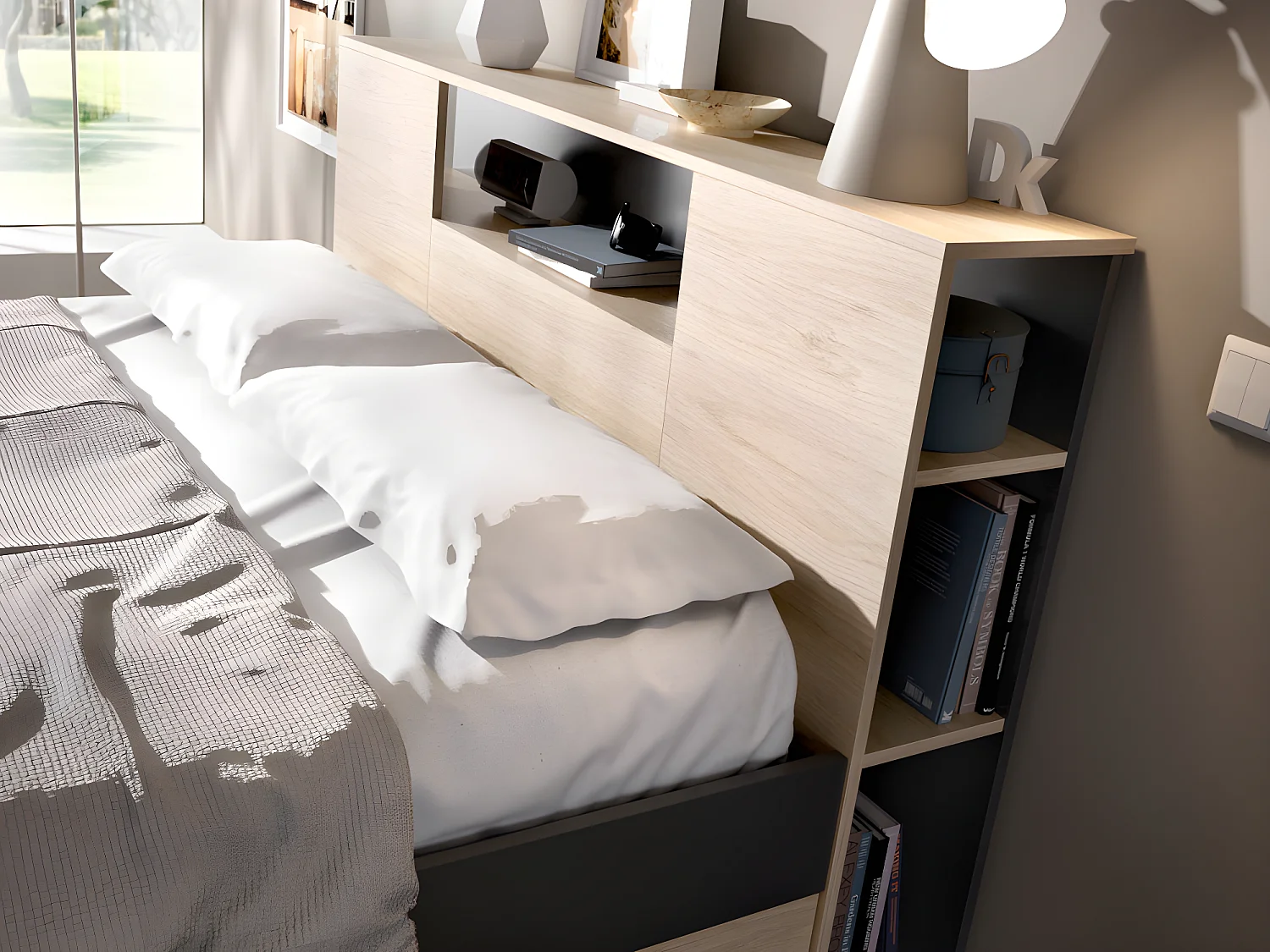 Bett mit Kopfteil, Stauraum & Schubladen + Lattenrost - 140 x 190 cm - Naturfarben & Anthrazit - LEANDRE