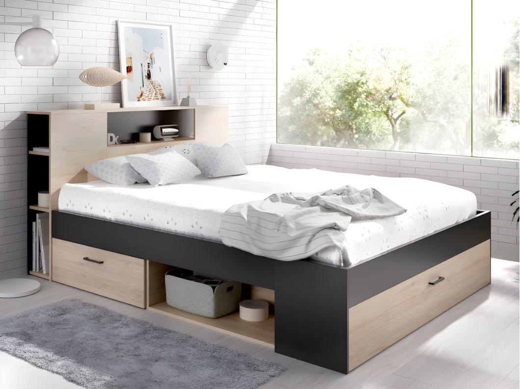 Lit avec tête de lit rangements et tiroirs - 140 x 190 cm - Coloris : Naturel et anthracite + Sommier - LEANDRE