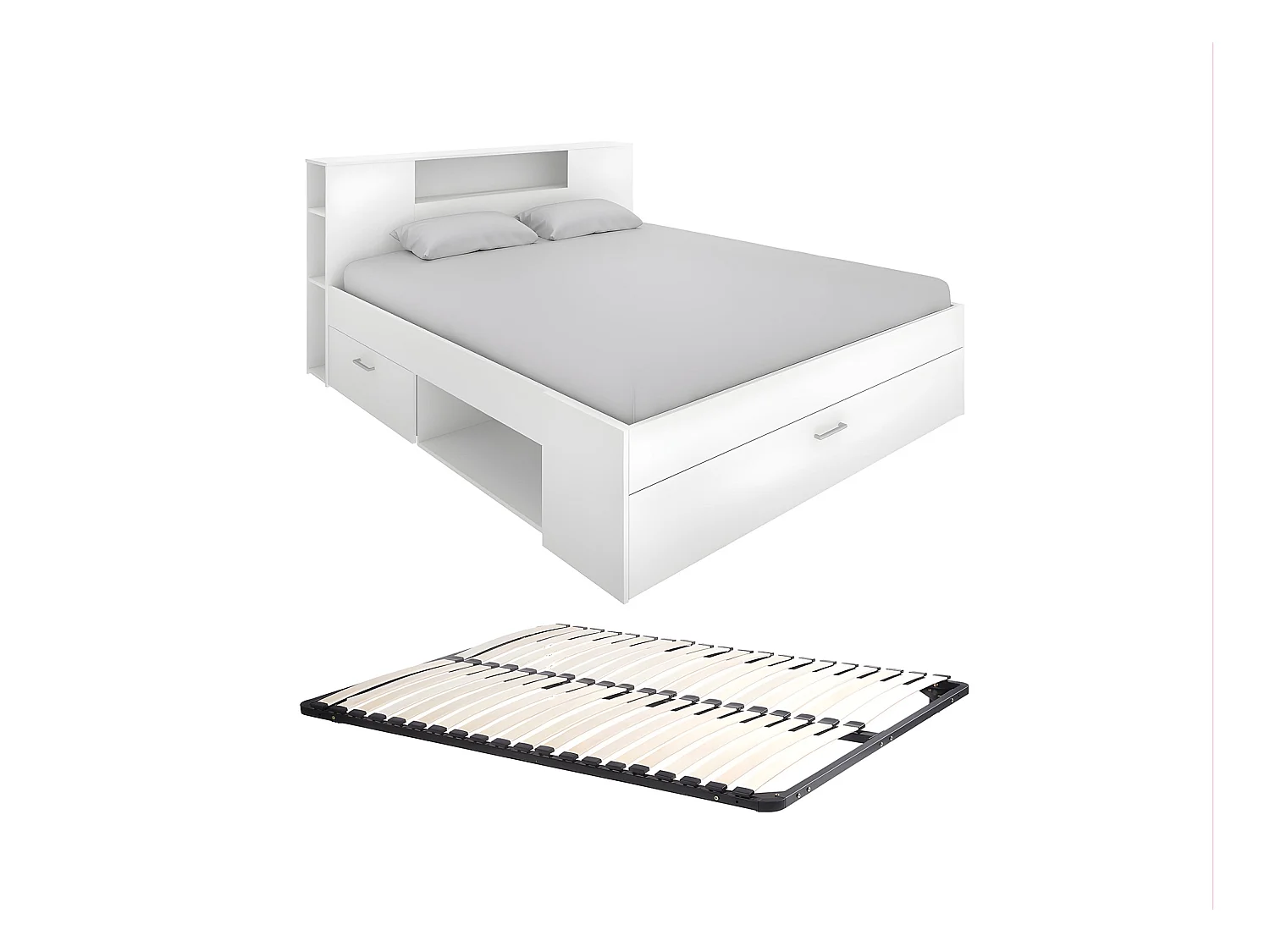 Bett mit Kopfteil, Stauraum & Schubladen + Lattenrost - 140 x 190 cm - Weiß - LEANDRE