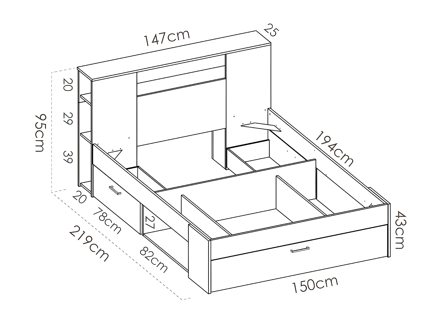 Letto con testata con vani portaoggetti e cassetti 140 x 190 cm: Bianco + Rete LEANDRE