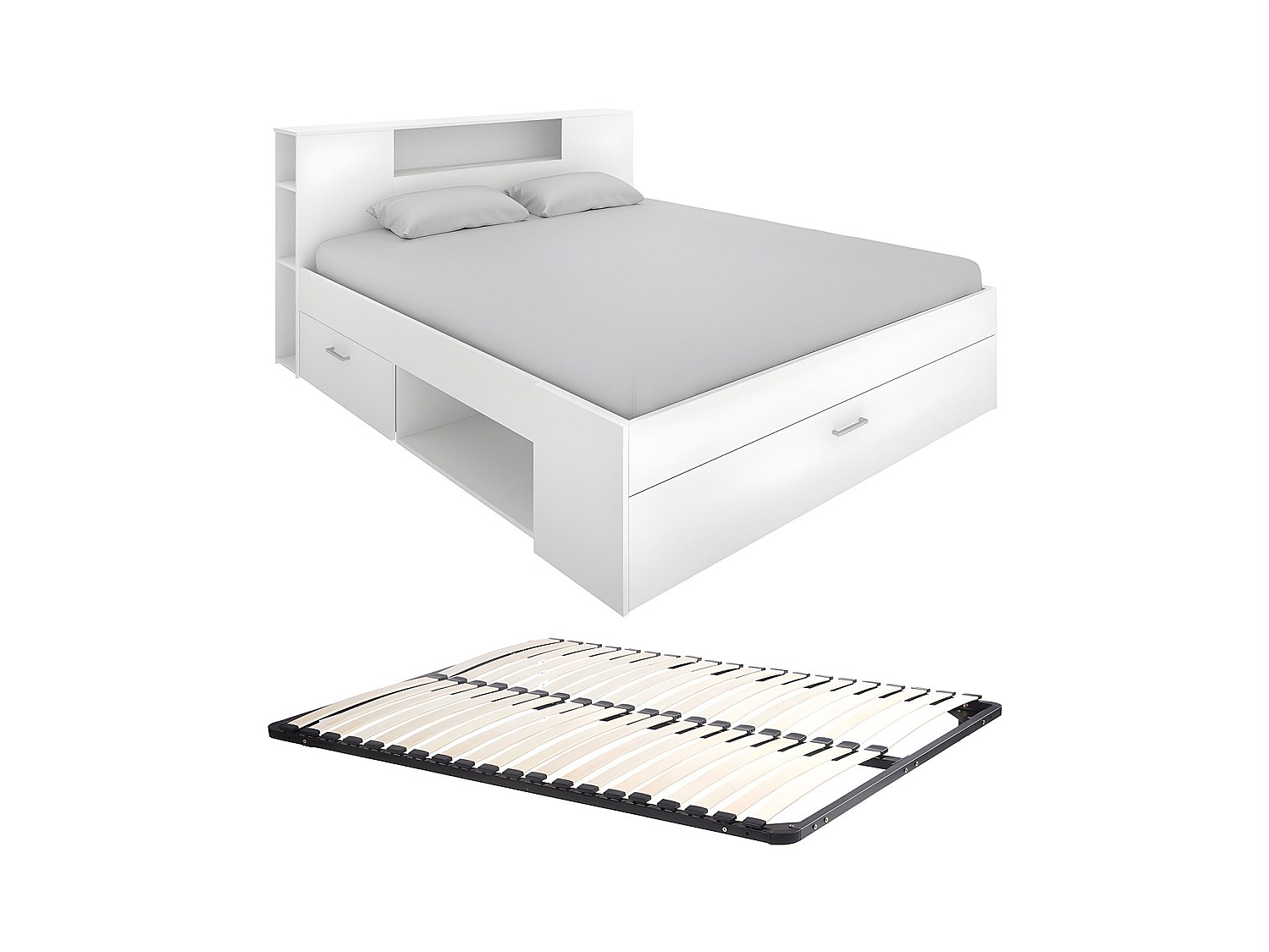 Bett mit Kopfteil, Stauraum & Schubladen + Lattenrost - 140 x 190 cm - Weiß günstig online kaufen