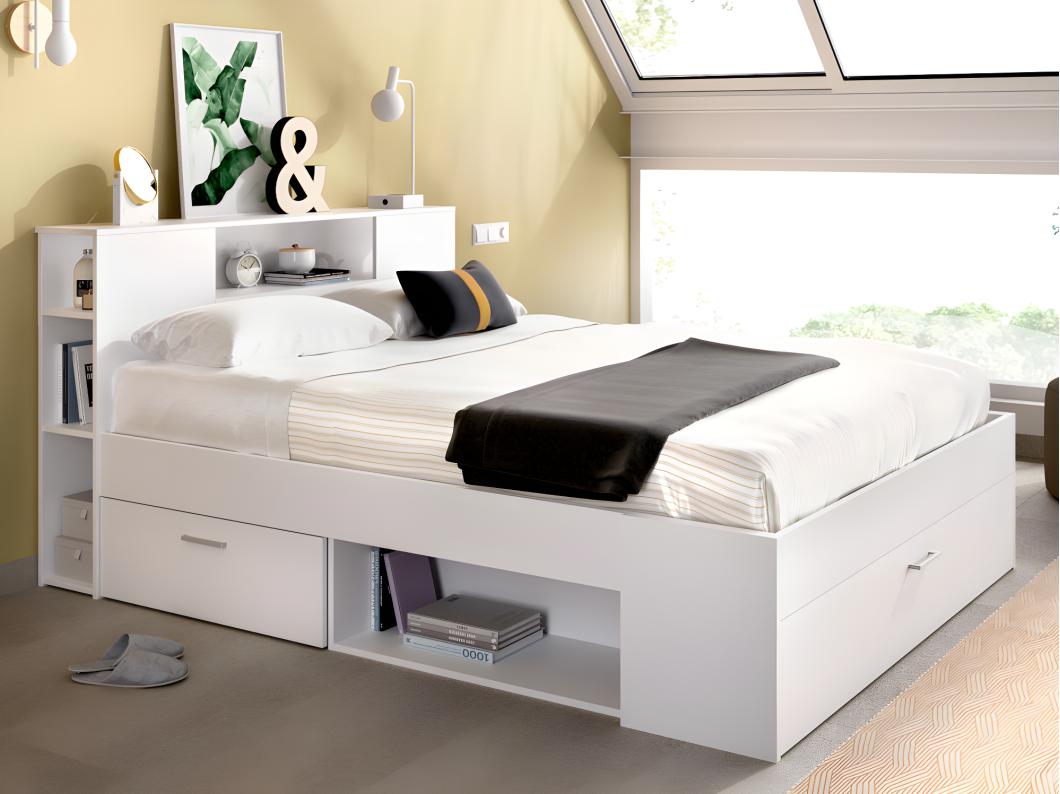 Lit avec tête de lit rangements et tiroirs - 140 x 190 cm - Coloris : Blanc + Sommier - LEANDRE