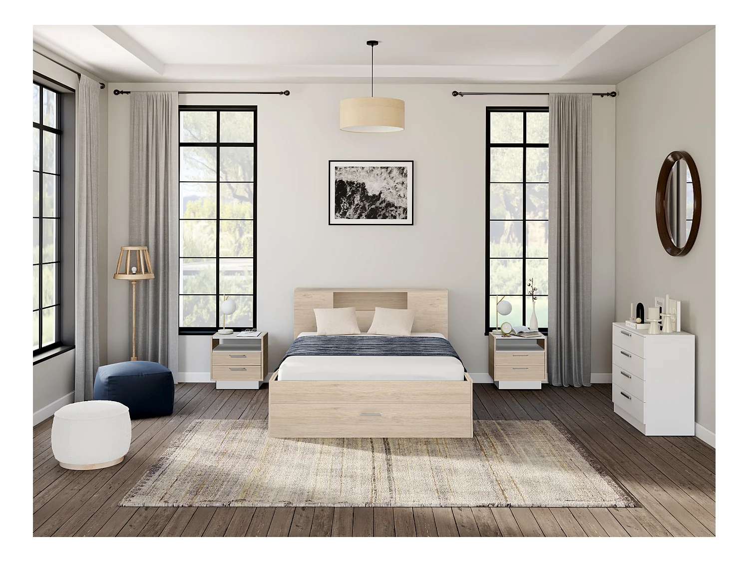 Lit avec tête de lit rangements et tiroirs - 140 x 190 cm - Coloris : Naturel + Sommier - LEANDRE