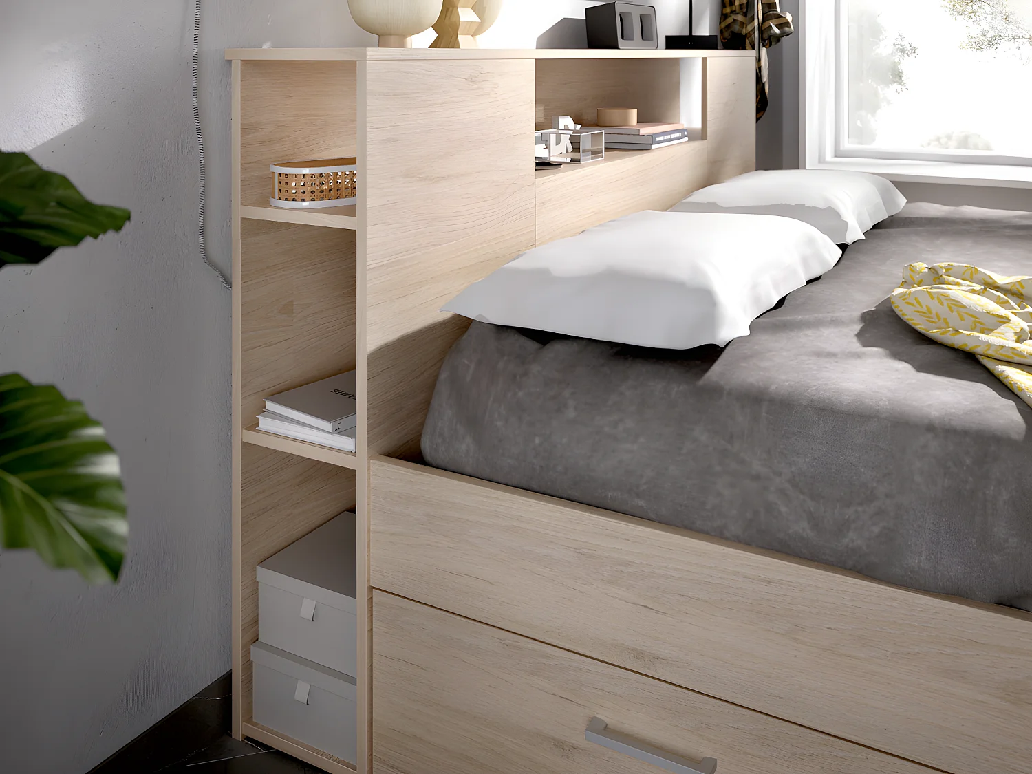 Bed met hoofdeinde met opbergruimte en lades - 140 x 190 cm - Kleur: naturel + bedbodem - LEANDRE