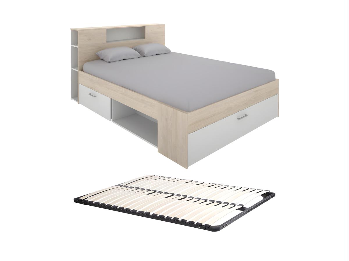 Bett mit Stauraum & Schubladen + Lattenrost - 140 x 190 cm - Weiß & Naturfa günstig online kaufen