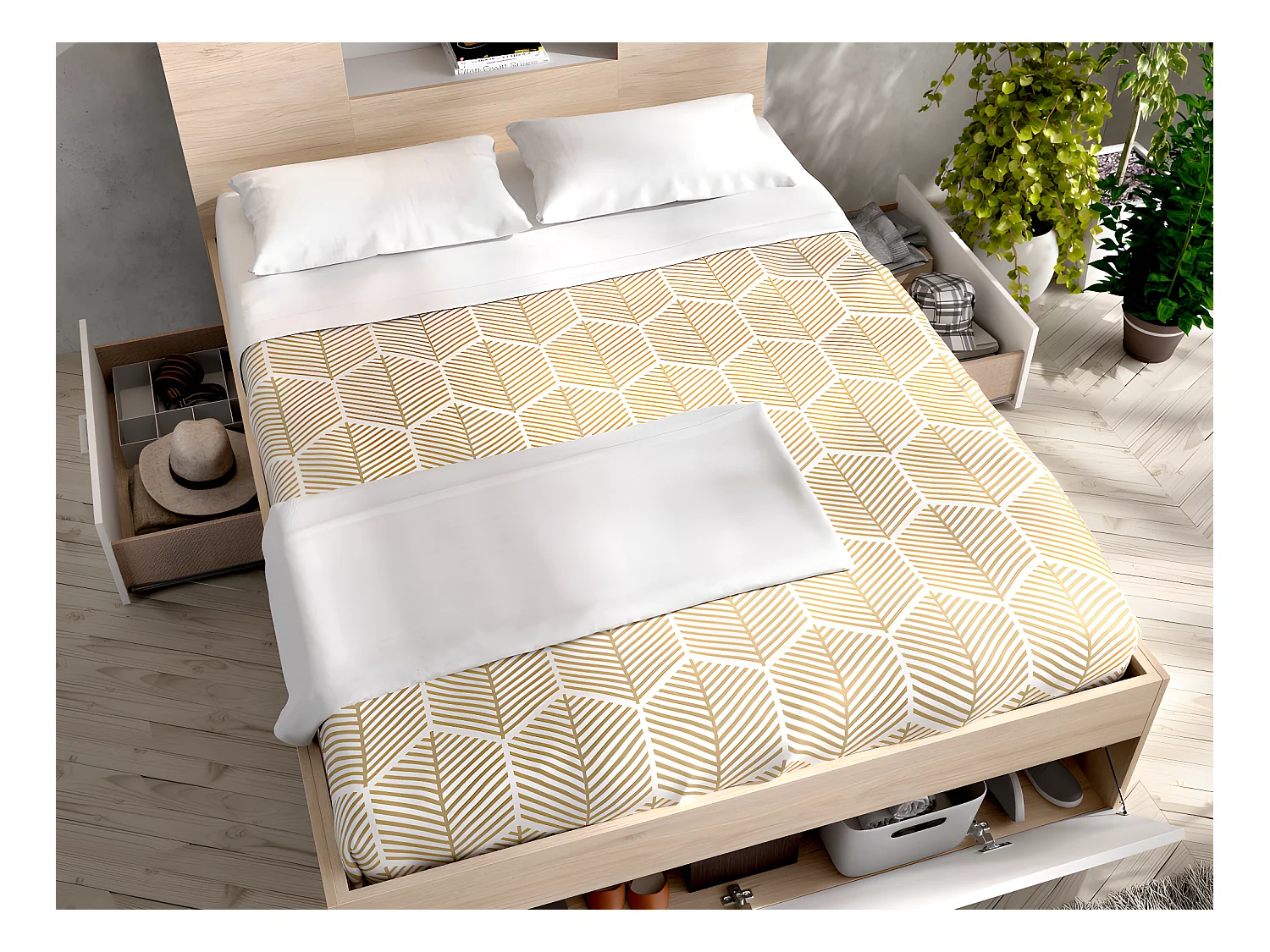 Letto con testata con vani portaoggetti e cassetti 140 x 190 cm: Naturale e Bianco + Rete LEANDRE