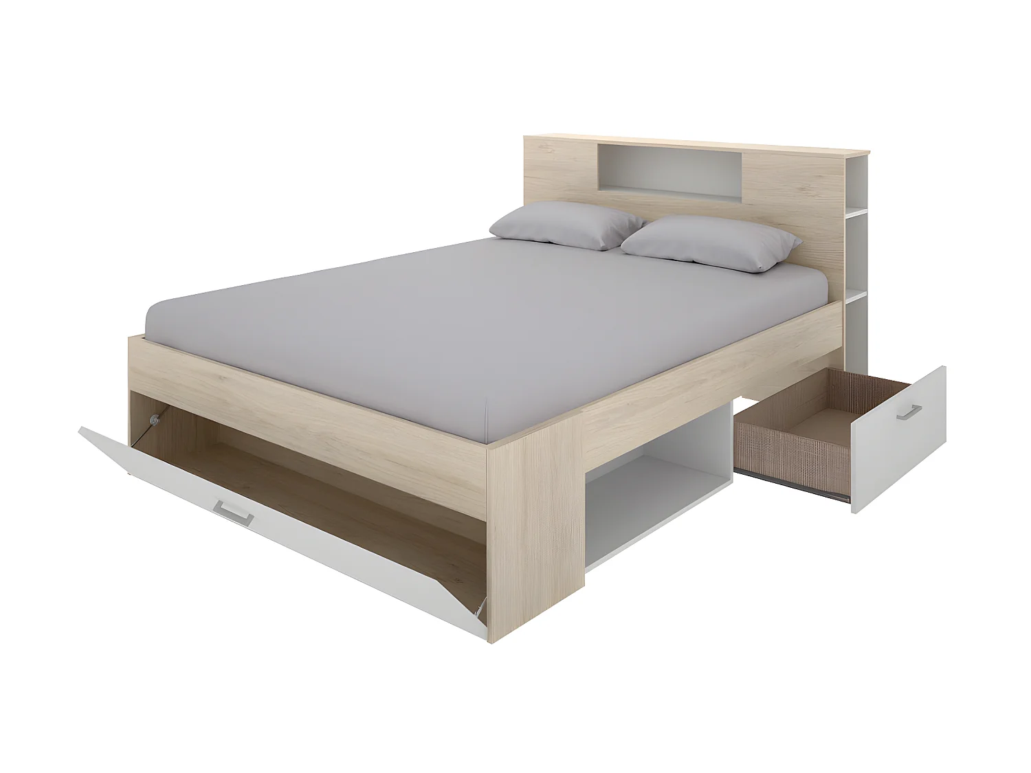 Letto con testata con vani portaoggetti e cassetti 140 x 190 cm: Naturale e Bianco + Rete LEANDRE