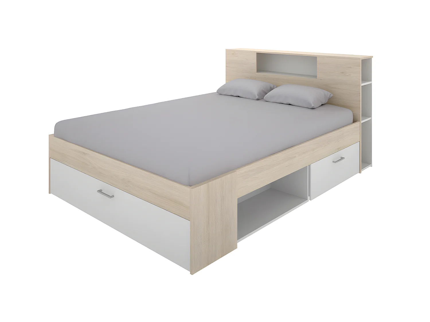 Letto con testata con vani portaoggetti e cassetti 140 x 190 cm: Naturale e Bianco + Rete LEANDRE