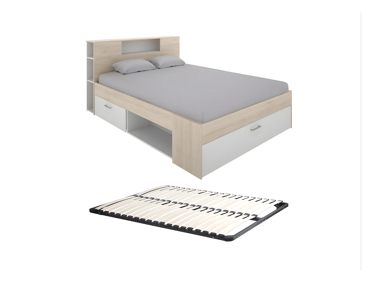 Letto con testata con vani portaoggetti e cassetti 140 x 190 cm: Naturale e Bianco + Rete LEANDRE