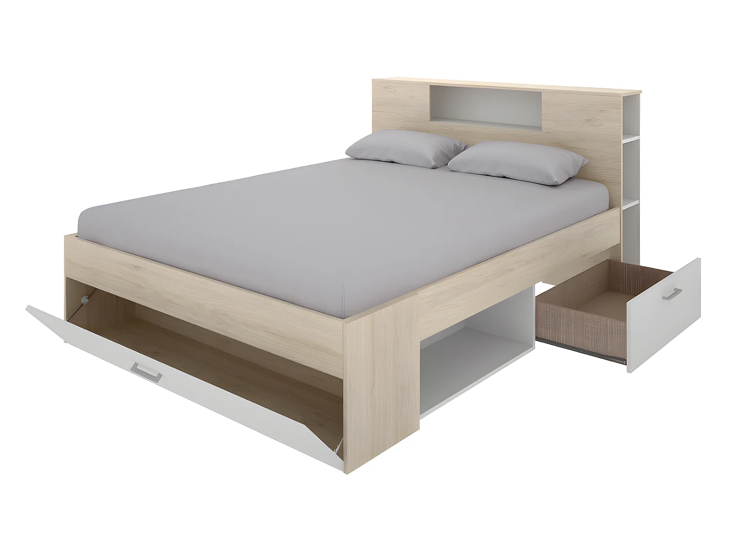 Bed met hoofdeinde met opbergruimte en lades - 140 x 190 cm - Kleur: naturel en wit + bedbodem - LEANDRE