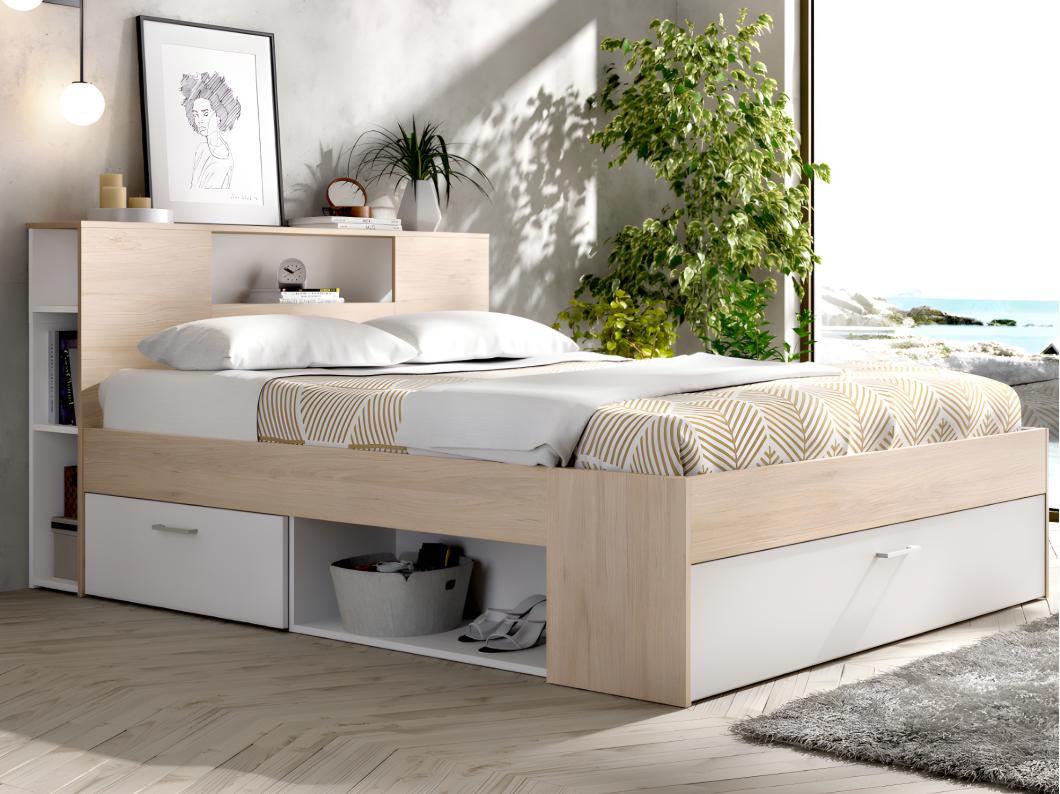 Cama com cabeceira, espaços de arrumação e gavetas 140 x 190 cm cor natural e branco + sommier - LEANDRE