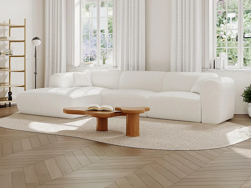Grand canapé d'angle gauche en tissu bouclette blanc POGNI de Maison Céphy