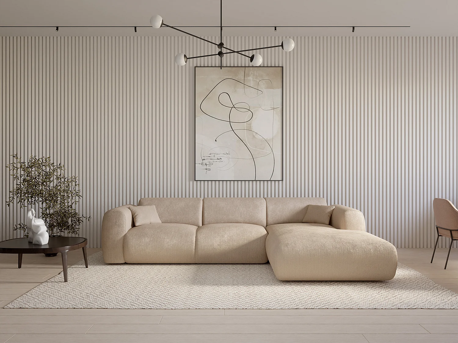 XXL-hoekbank met hoek rechts van beige stof met textuur POGNI van Maison Céphy