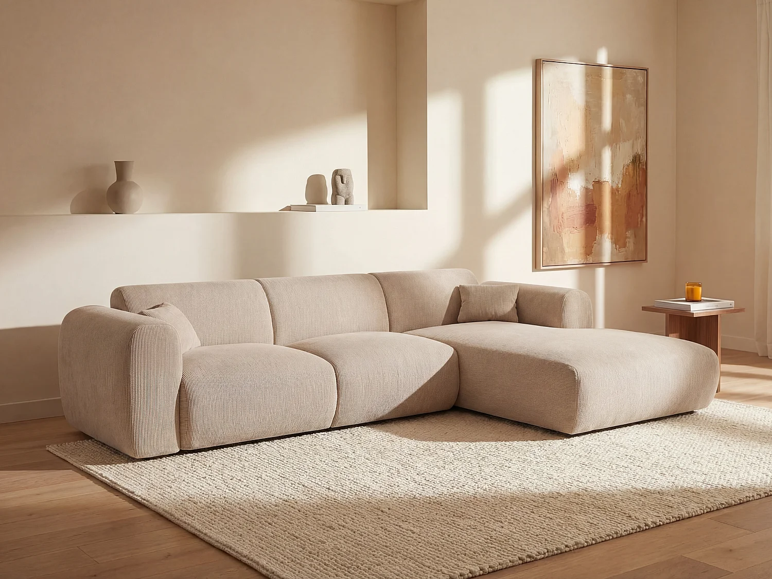 Sofá rinconera derecha de pana beige POGNI de Maison Céphy