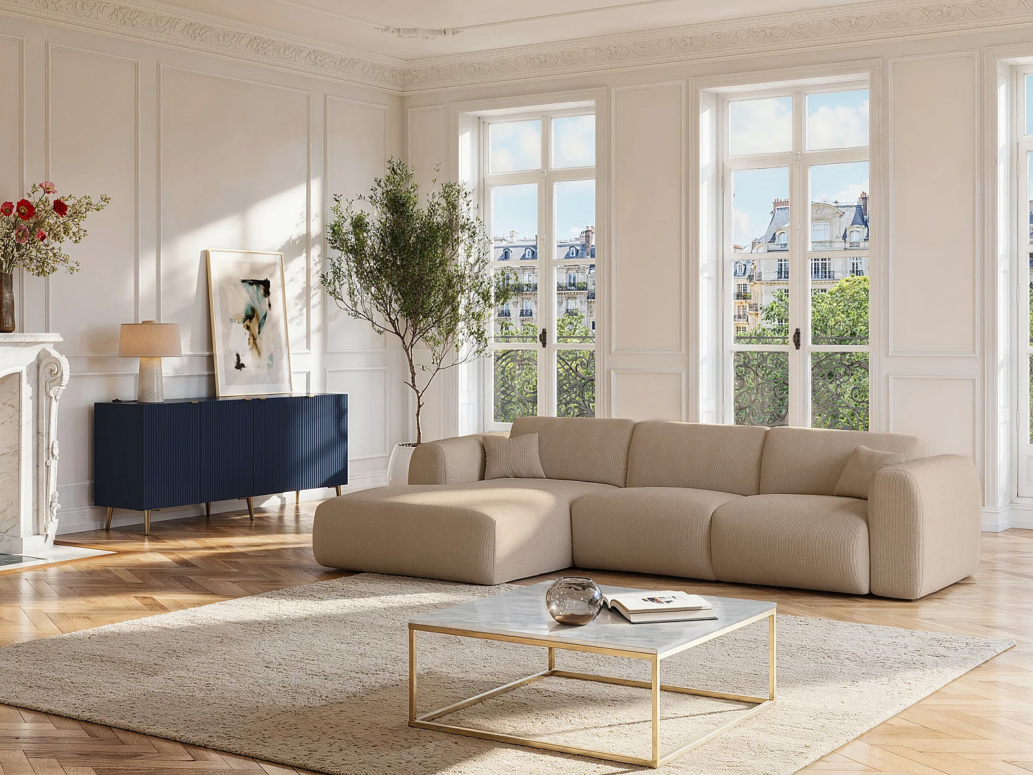 Großes Ecksofa - Ecke links - Samt-Stoff - Beige - POGNI von Maison Céphy