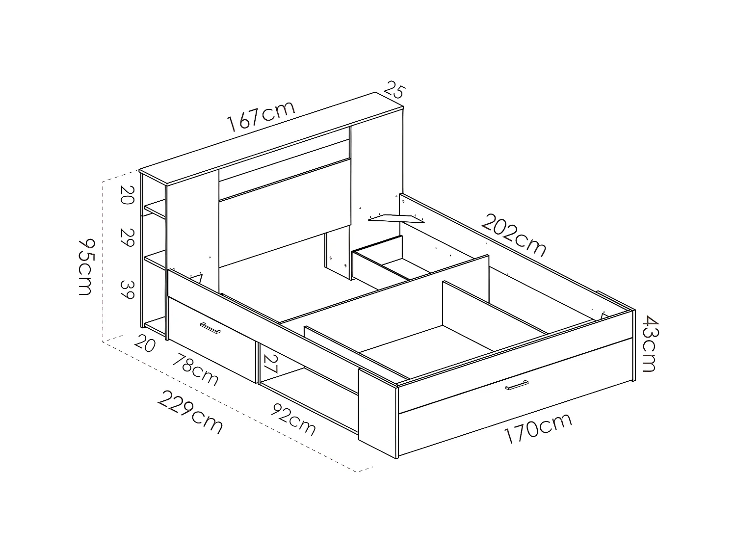 Letto con testata con vani portaoggetti e cassetti 160 x 200 cm: Naturale e Bianco + Rete LEANDRE