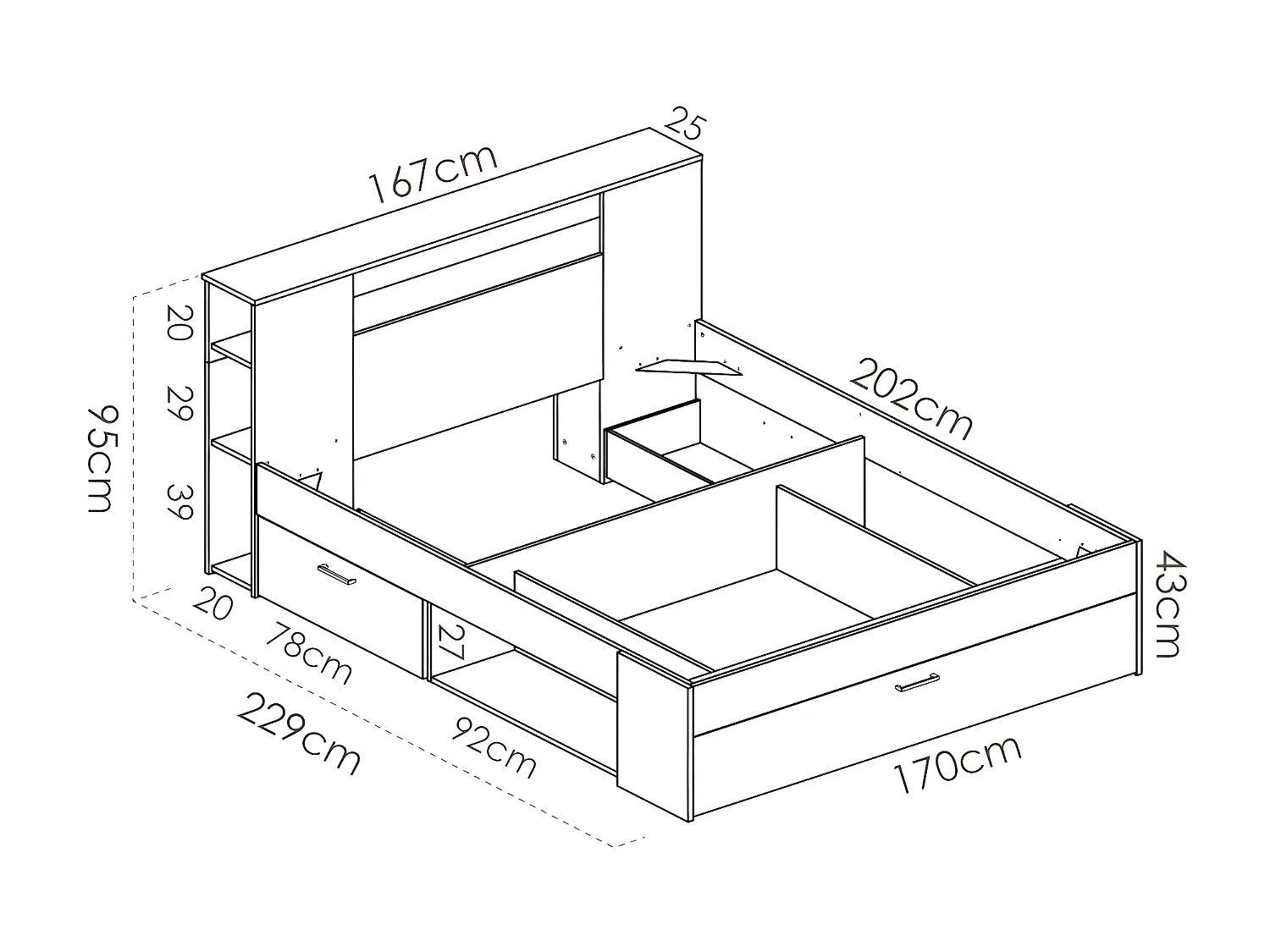 Bed met hoofdeinde met opbergruimte en lades - 160 x 200 cm - Kleur: naturel en wit + bedbodem - LEANDRE
