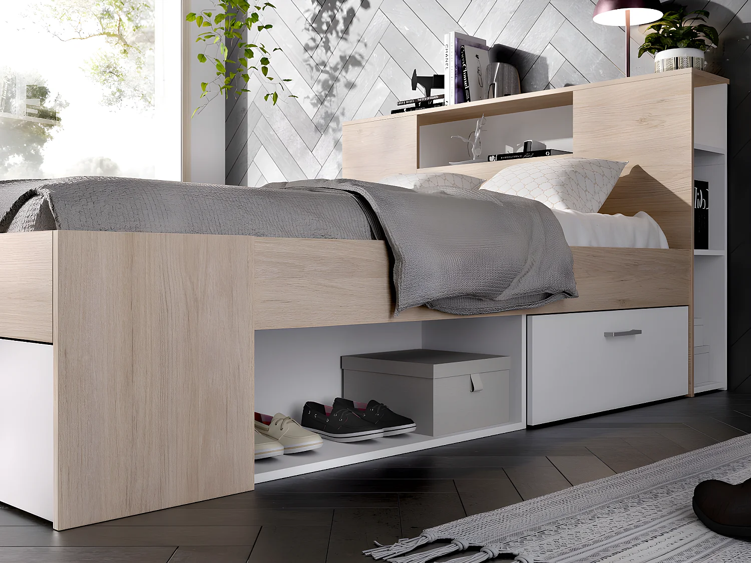 Bed met hoofdeinde met opbergruimte en lades - 160 x 200 cm - Kleur: naturel en wit + bedbodem - LEANDRE