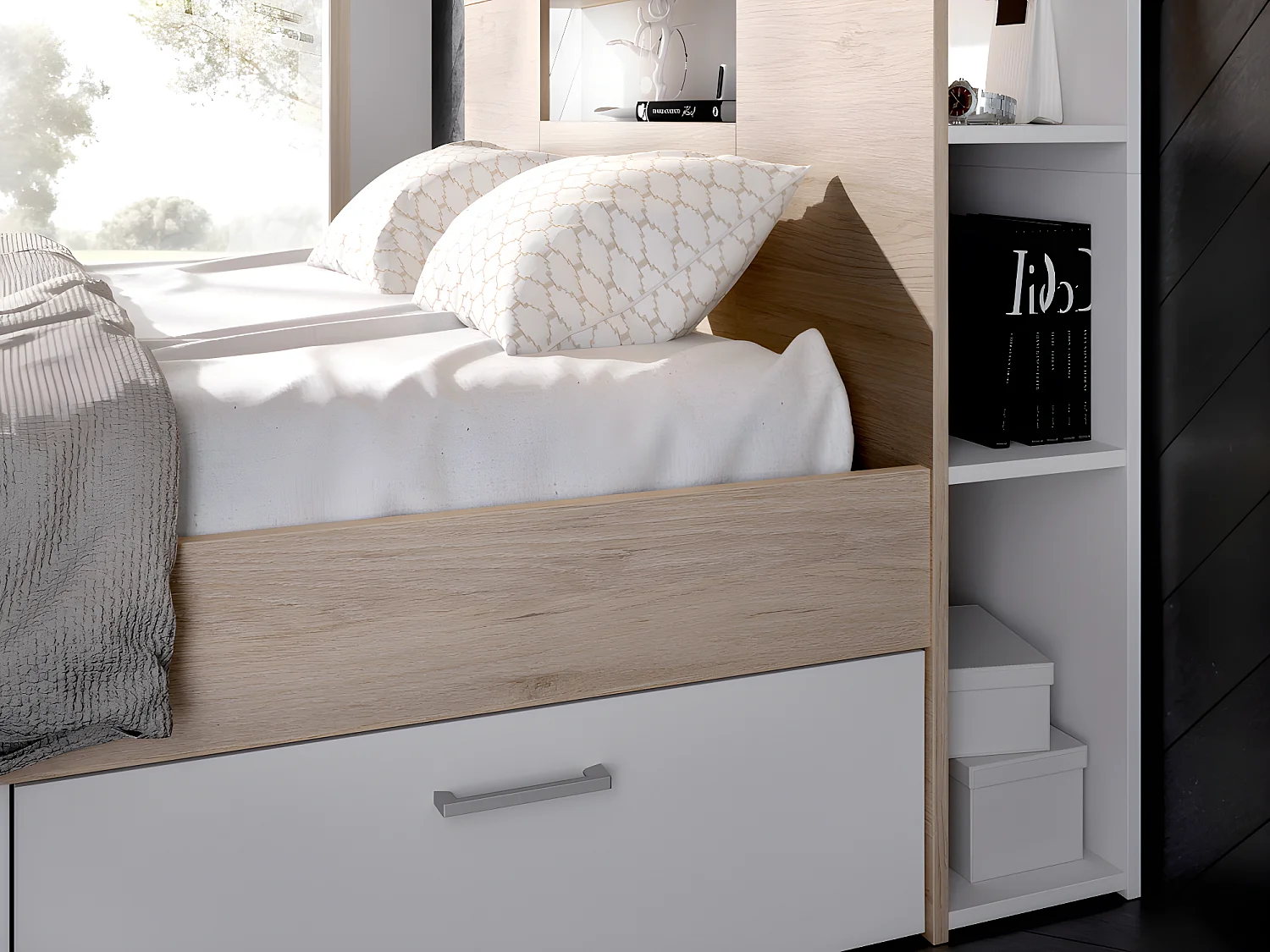 Bed met hoofdeinde met opbergruimte en lades - 160 x 200 cm - Kleur: naturel en wit + bedbodem - LEANDRE