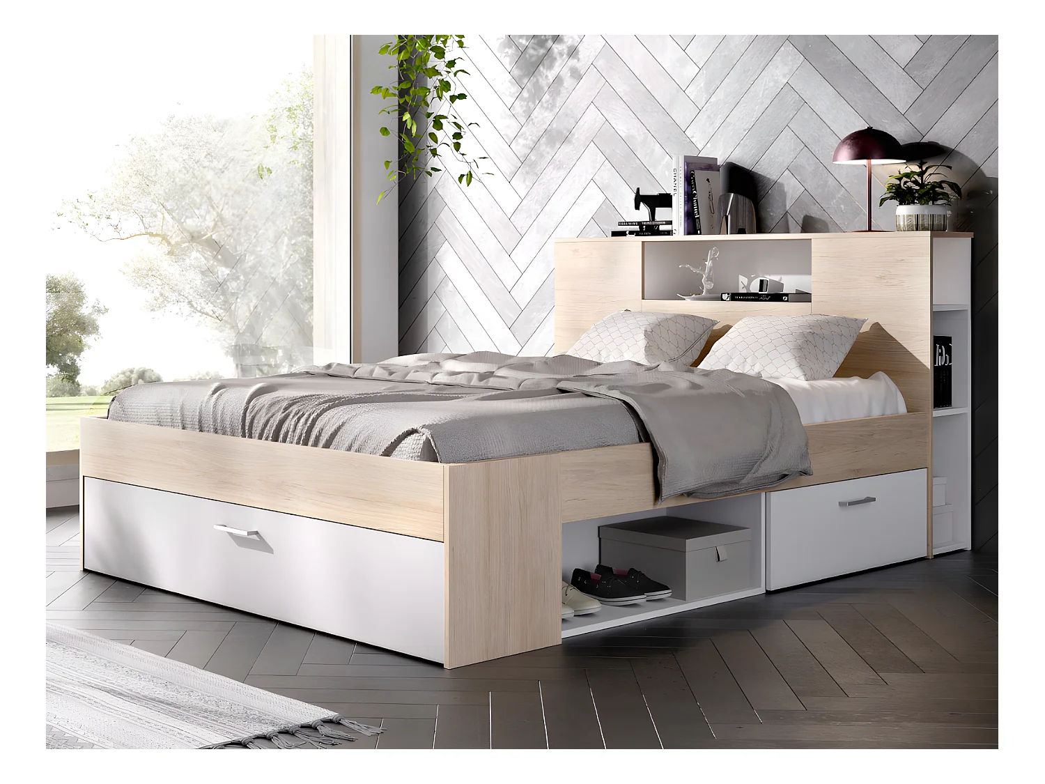 Letto con testata con vani portaoggetti e cassetti 160 x 200 cm: Naturale e Bianco + Rete + Materasso LEANDRE